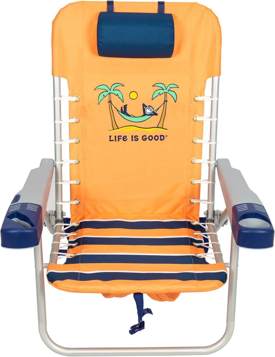 Life is Good 4-Position Backpack Pillow and Cup Holder Beach Chair, Canyon Orange