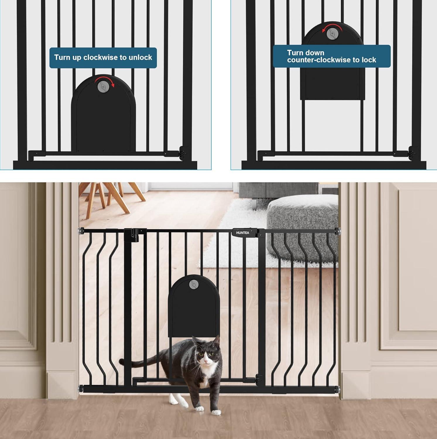 Baby Gates with Cat Door - Auto Close 29.5"-48.4" Safety Metal Dog Pet Gate for Doorway, Stairs, House, Walk Through Child Gate with Pet Door, includes 4 Wall Cups and 2 Extension Pieces