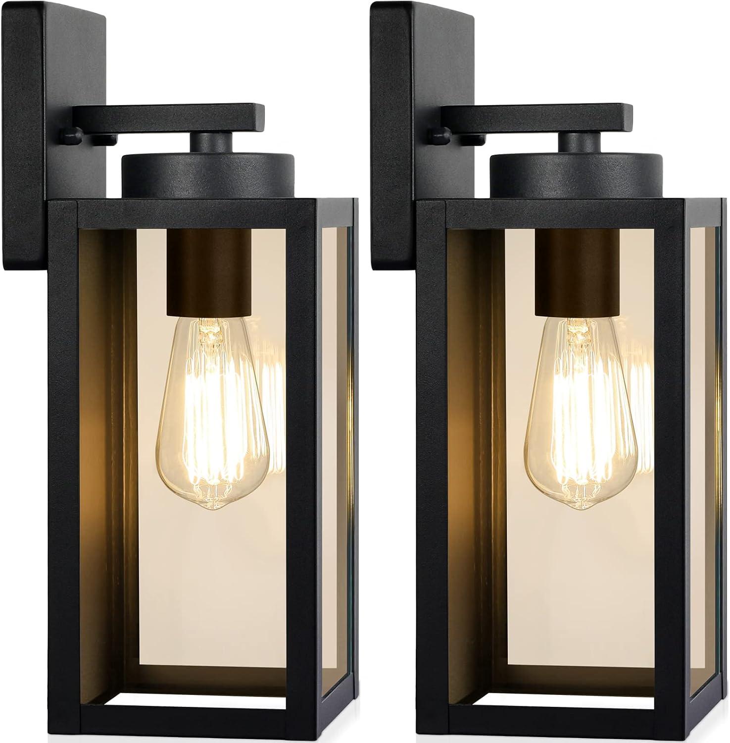 Outdoor Wall Light Fixtures, Exterior Waterproof Lanterns, Porch Sconces Wall Mounted Lighting With E26 Sockets & Glass Shades, Modern Matte Black Wall Lamps For Patio Front Door Entryway, 2-Pack