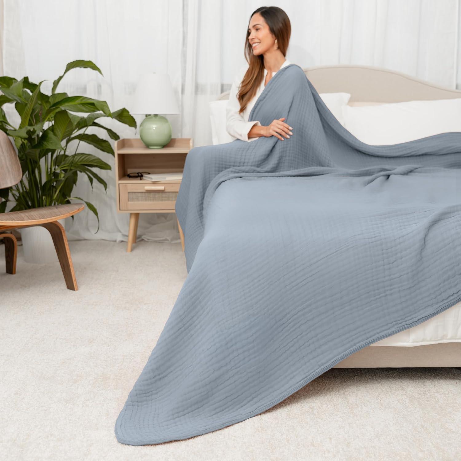 Muslin Blanket for Adults, Extra Large Queen 90" x 90" By Comfy Cubs - Pacific Blue