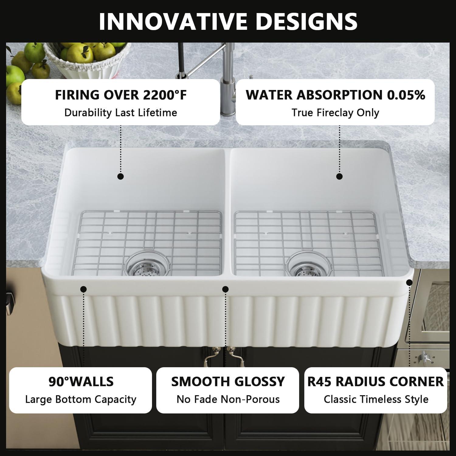 Nova 33" L x 18" W Double Bowl Fireclay Farmhouse Kitchen Sink with Sink Grid and Basket Strainer