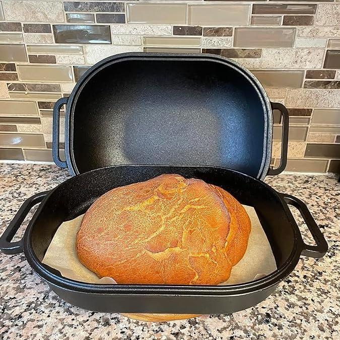 Large Oval Black Cast Iron Loaf Pan with Lid