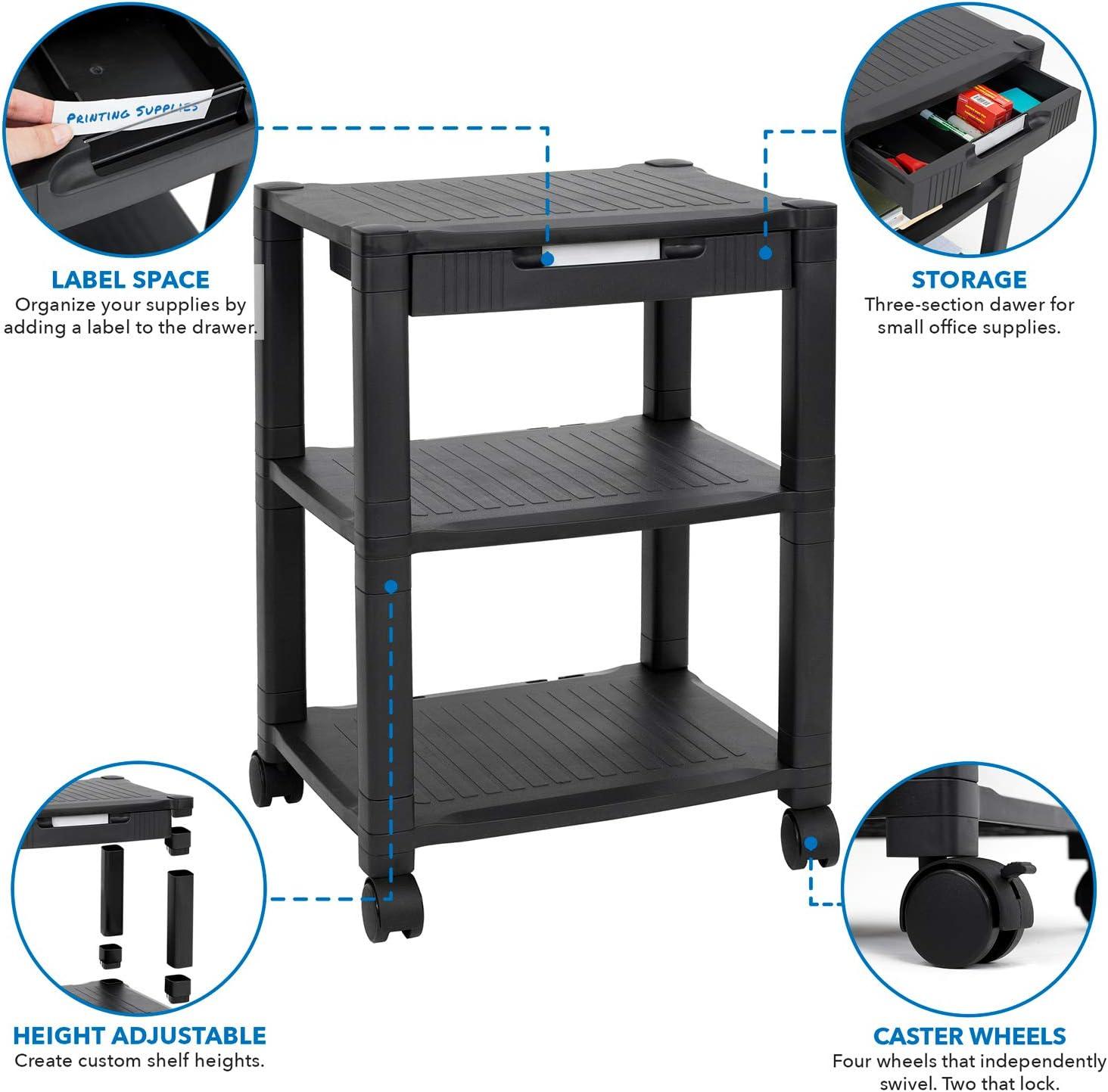 Sleek Black Steel 2-Tier Under-Desk Printer Cart with Wheels