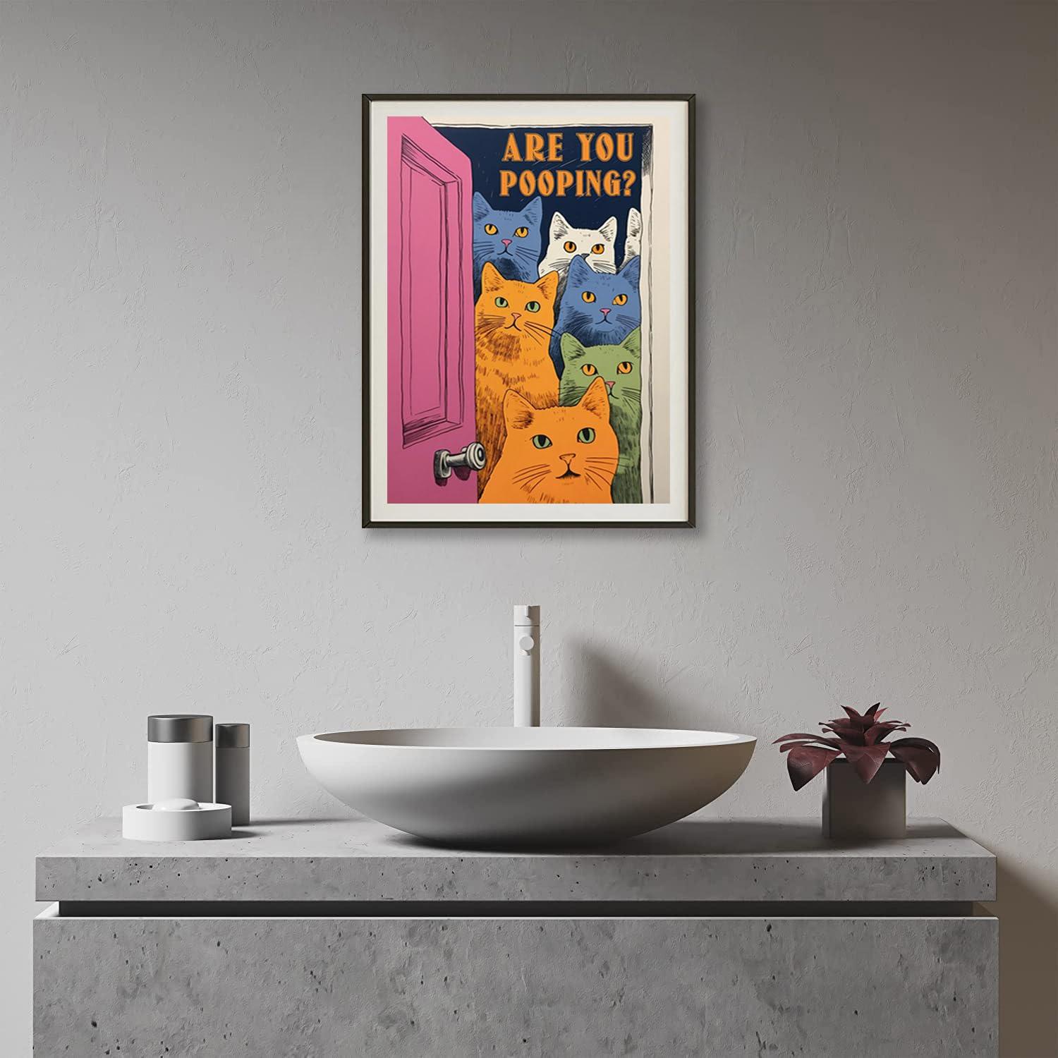 Funny Bathroom Cat Print Poster, Funky Are You Pooping Cat Sign Canvas Wall Art, Quirky Cats Witty Humor Pictures Artwork for Toilet Wall Decor 12x16in Unframed