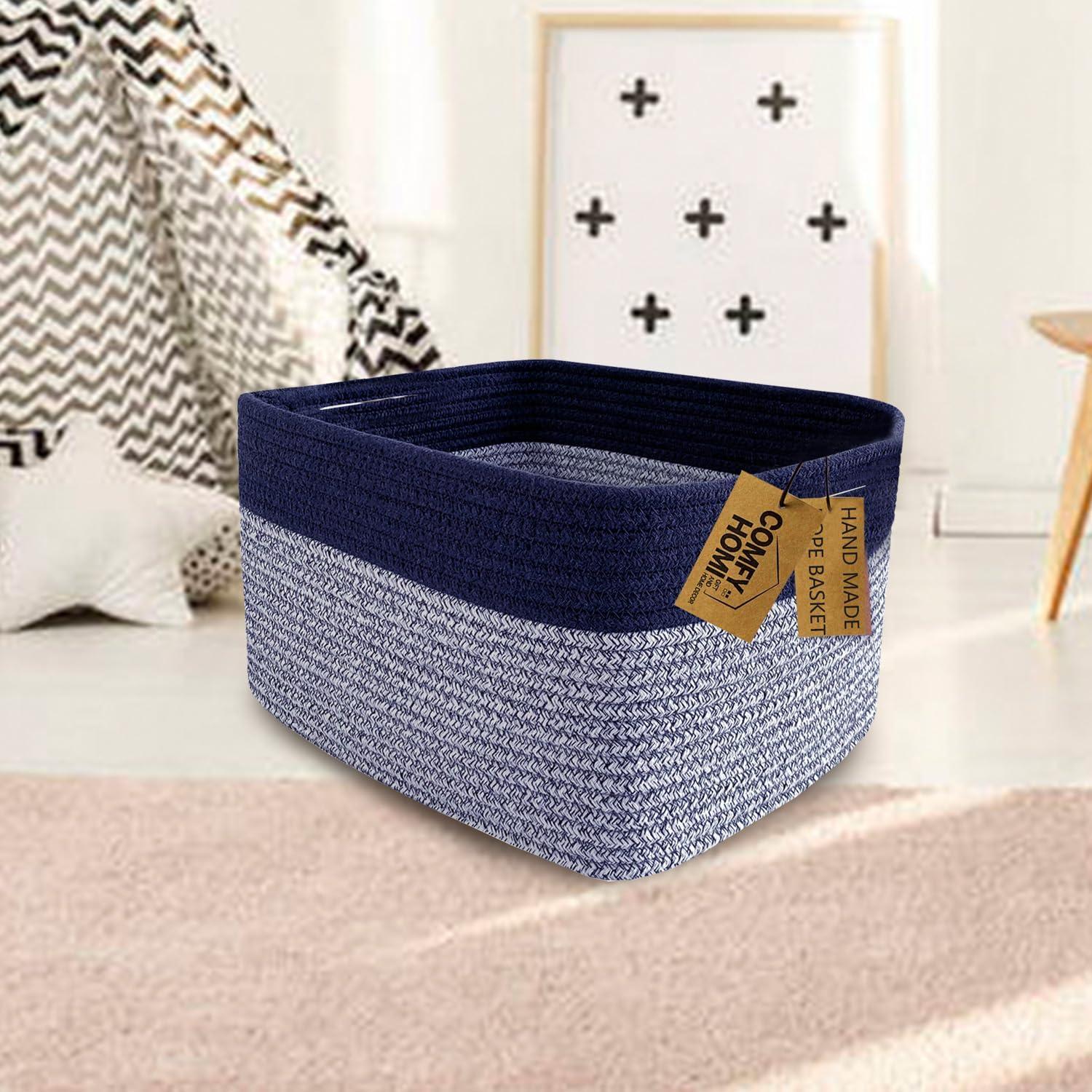 Design 3-Pack Storage Baskets for Shelves, Decorative Baskets for Organizing, Woven Baskets for Storage, Book Basket Cube Storage Bin Box, Pantry Closet and Shoe Organizers, Navy Blue