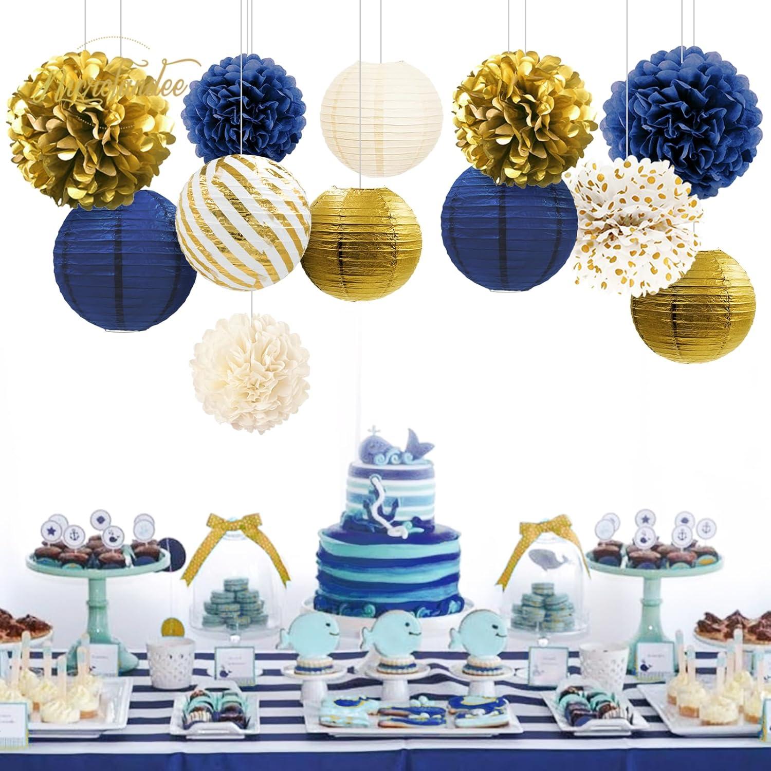 AIM & GGKK Paper Pom Poms Gold Gradient Navy Blue and White Tissue Hanging Paper Pom Poms,Flower Ball Wedding Birthday Party Decoration(12pcs)