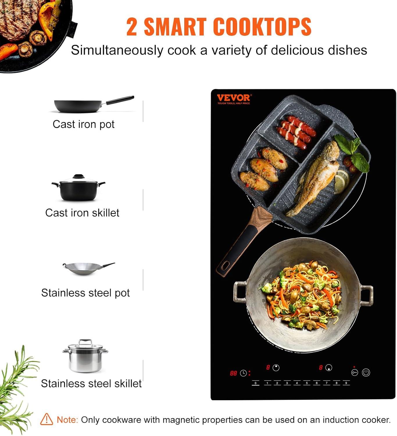 VEVOR Induction Cooktop, 1800W Electric Countertop Burner, 2 Burner Knob Control Stove, Built-in Induction Cooktop with 12 Temperature Settings, Glass Surface, Auto Shut-Off