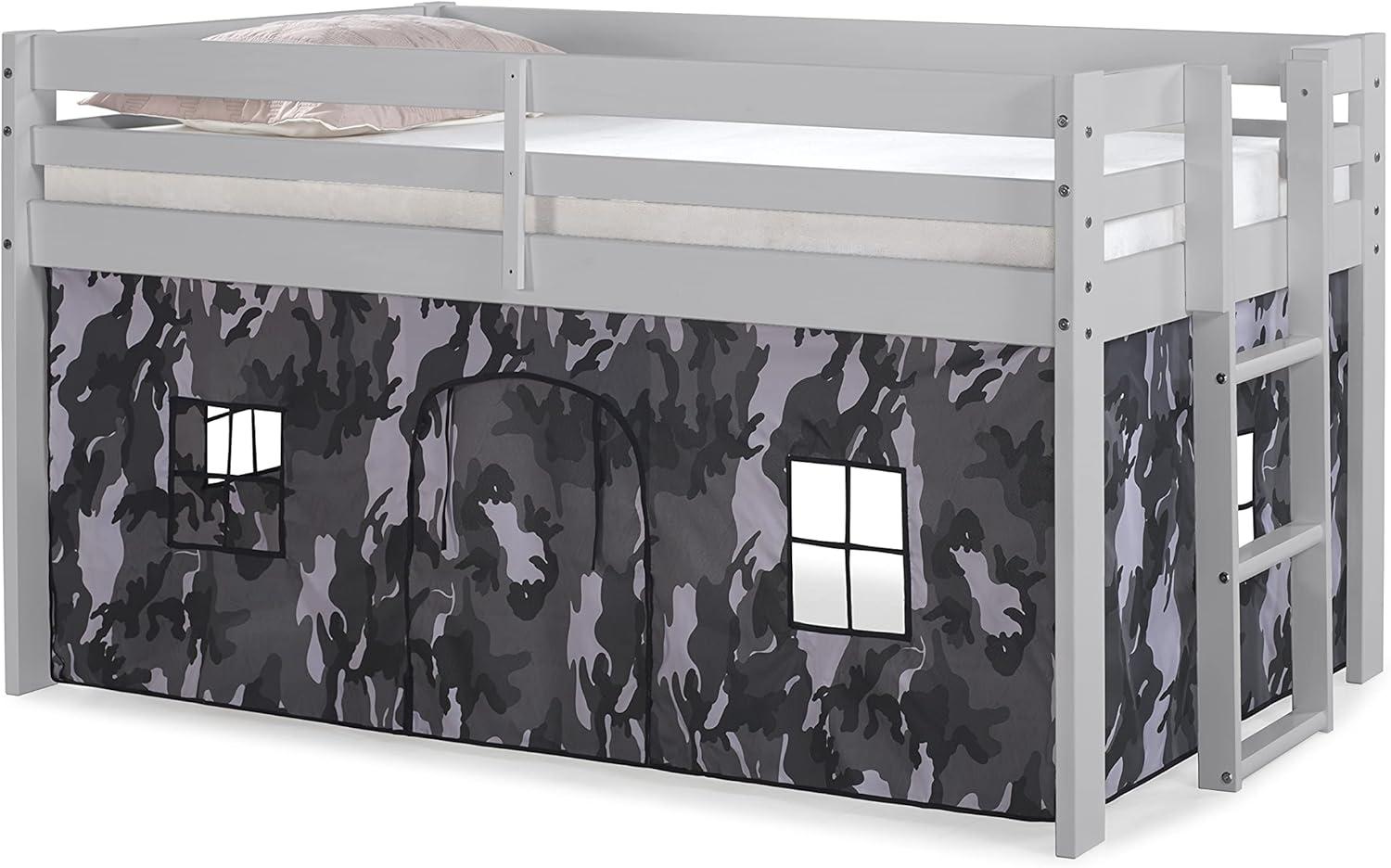 Alaterre Jasper Twin Junior Loft Bed, Dove Gray Frame and Gray Camouflage Bottom Playhouse Tent