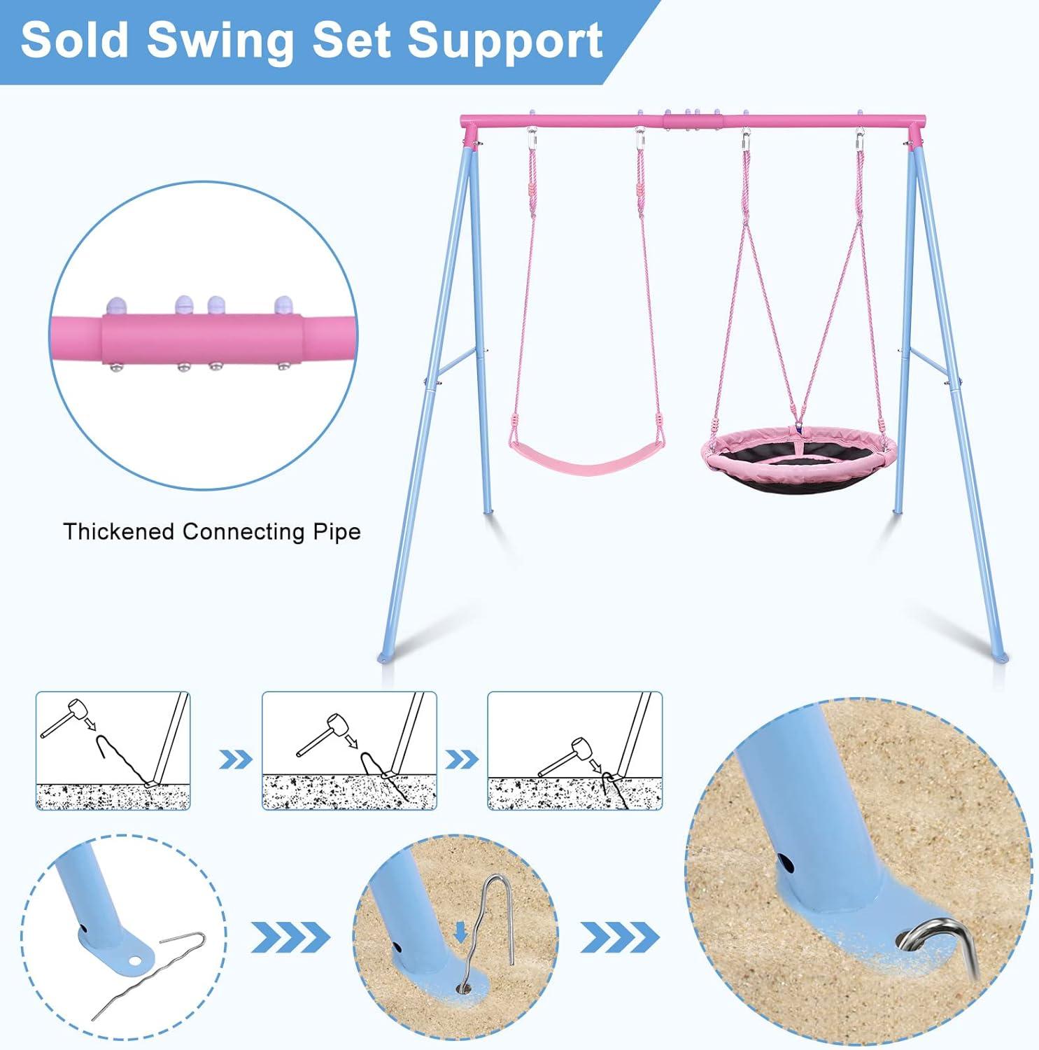 Outdoor Swings for Kids, 440lbs, Heavy-Duty A-Frame Metal Outdoor Swing Stand, 1 Saucer & 1 Belt Swing Seat for Playground, Backyard Blue