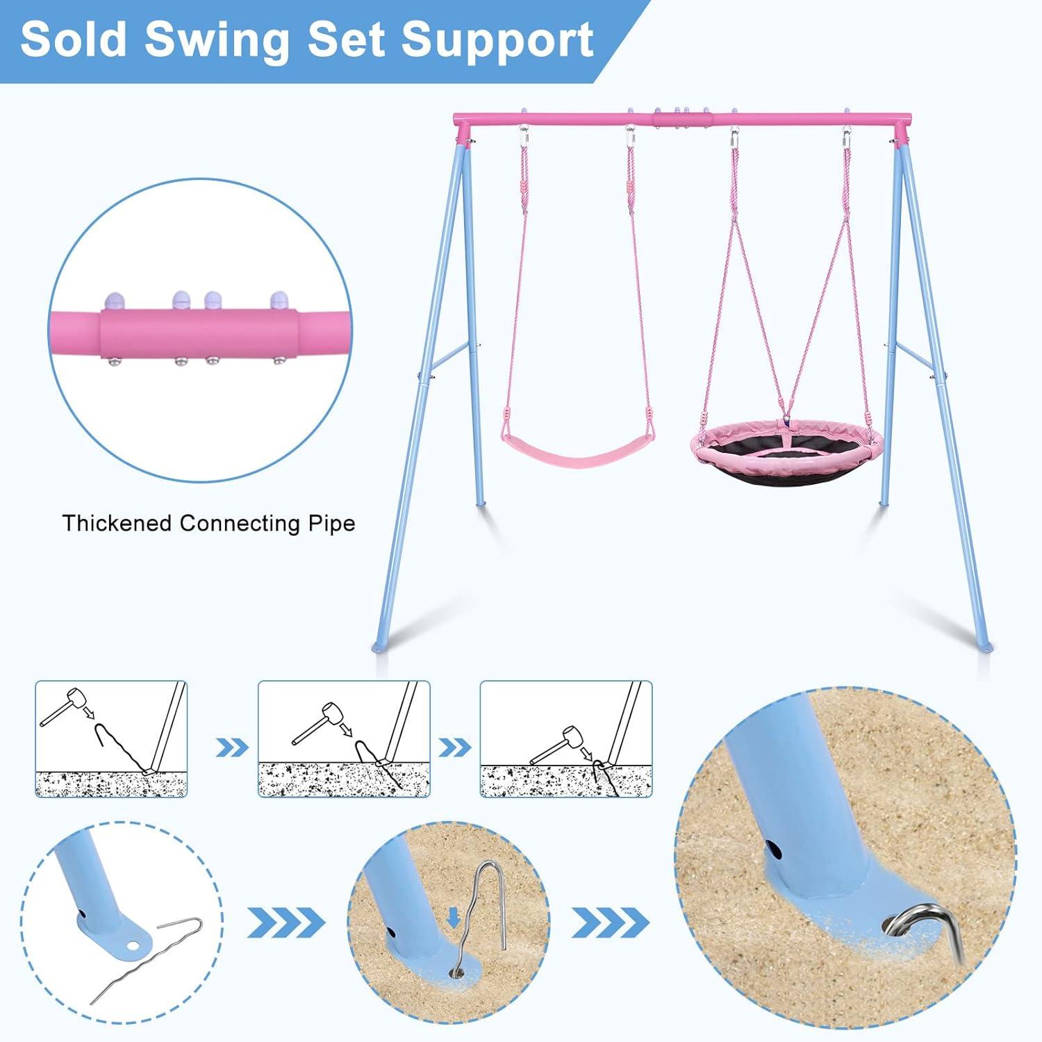 Outdoor Swings for Kids, 440lbs, Heavy-Duty A-Frame Metal Outdoor Swing Stand, 1 Saucer & 1 Belt Swing Seat for Playground, Backyard Blue