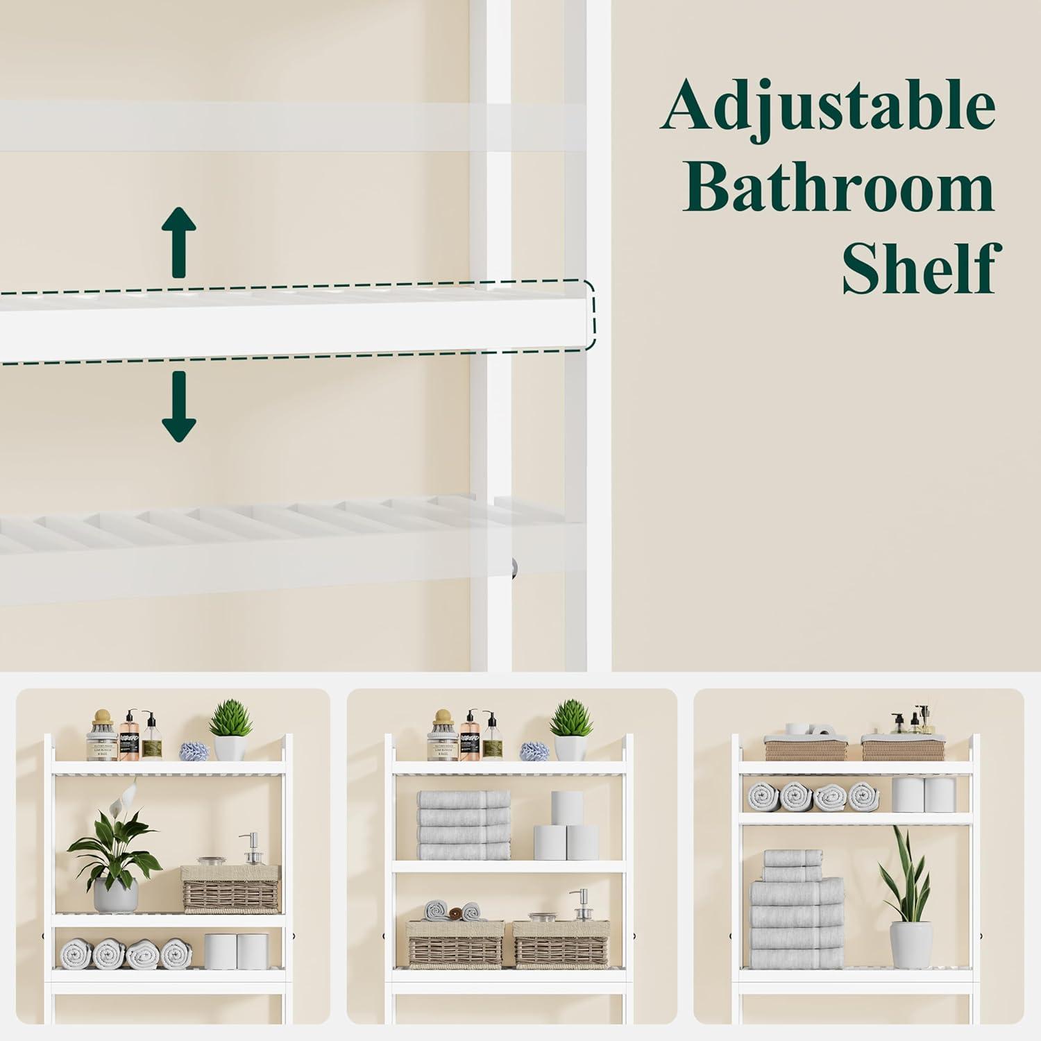 Over The Toilet Storage, 3-Tier Bathroom Organizer Over Toilet with Sturdy Bamboo Shelves,Multifunctional Toilet Shelf,Easy to Assemble and Saver Space, 25 * 10 * 64 Inches, White