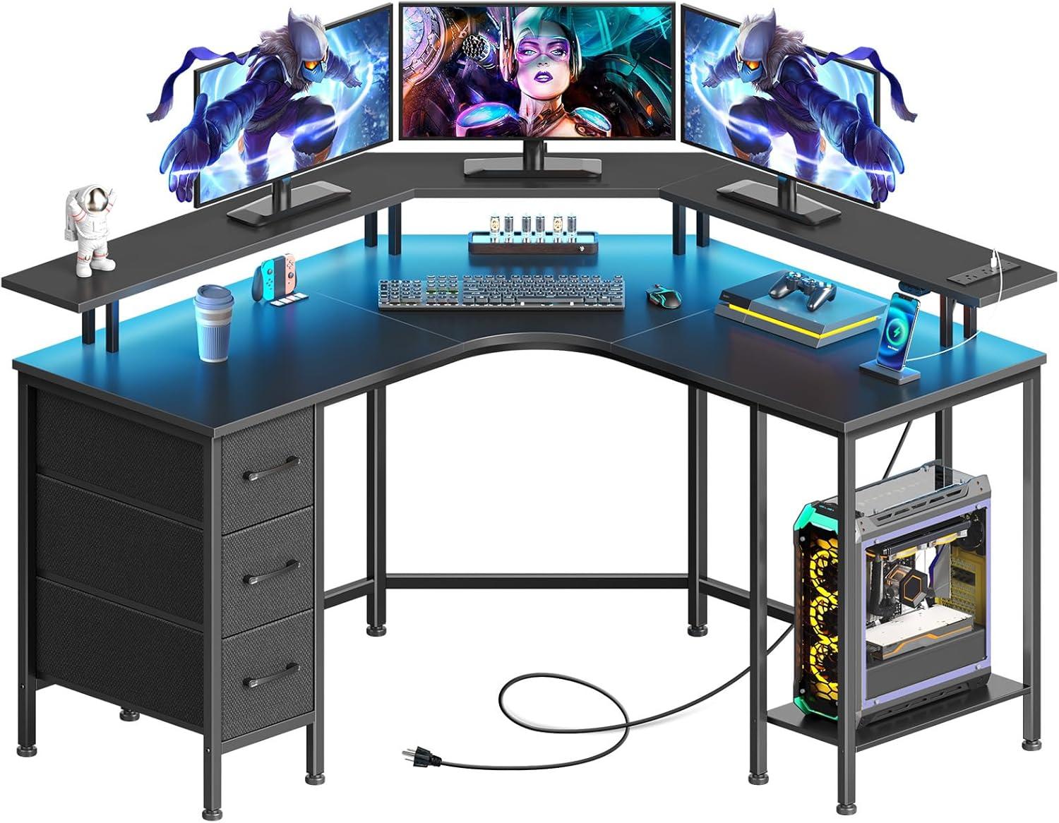 Black L-Shaped Gaming Desk with Drawers and LED Lights