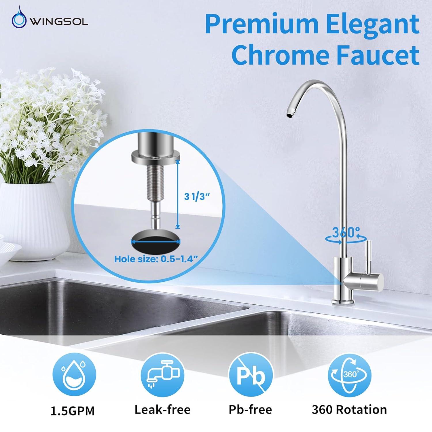 WINGSOL Under Sink Water Filter System with Faucet, Anti-Clogged Design, Reduces PFAS, Lead, Chlorine, Bad Taste, Sediment, NSF/ANSI 42&53, 8K Gallons, Easy Installation, Chrome Faucet