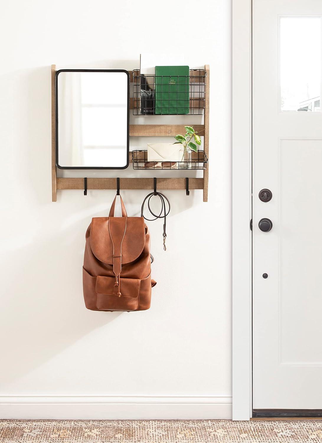 Rustic Brown Wall Organizer with Mirror and Hooks