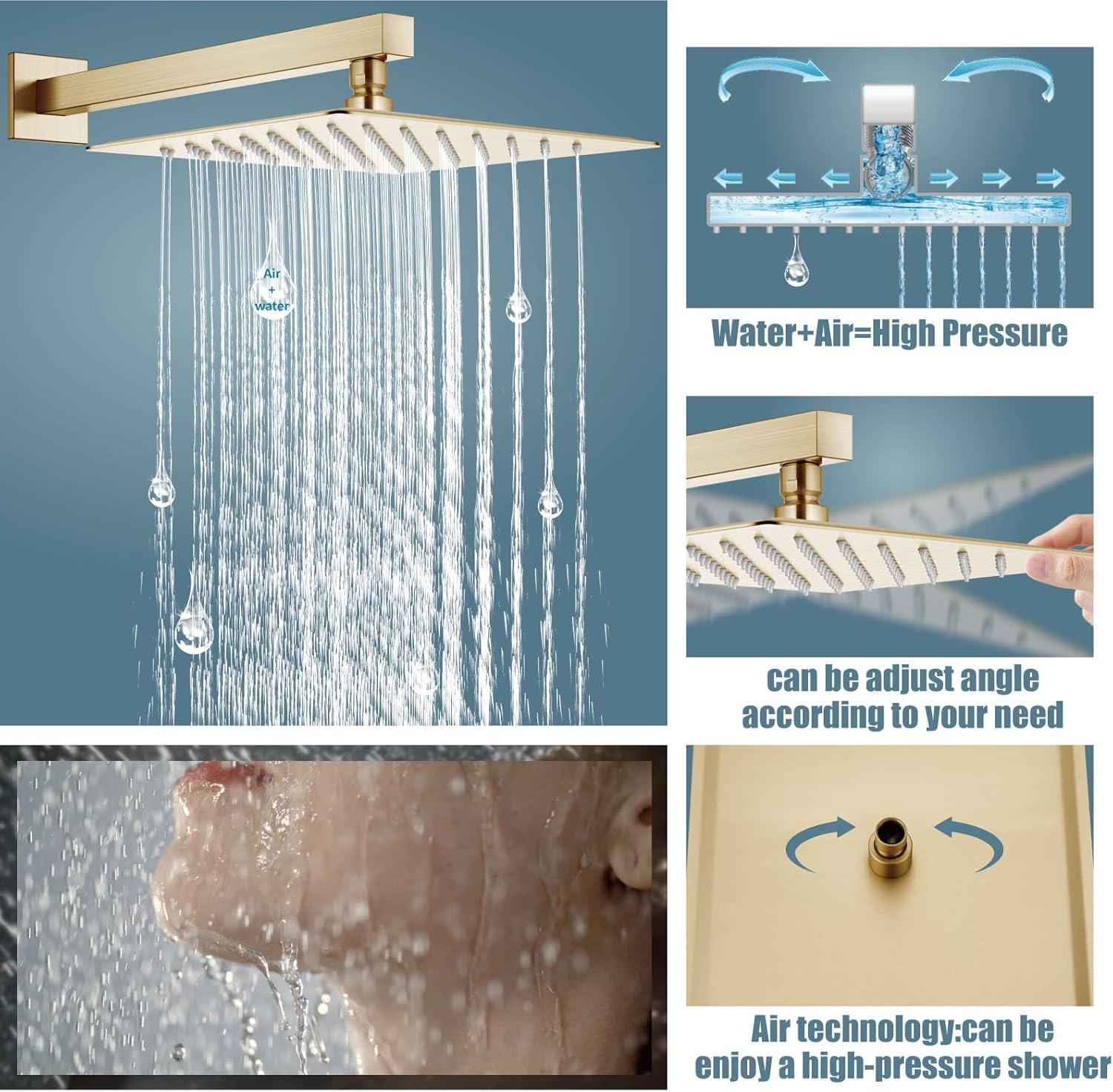 Shower system, 12" (approx. 30.5 cm) rain shower head and handheld spray bathroom shower unit with brass valve and wall trim kit Gold