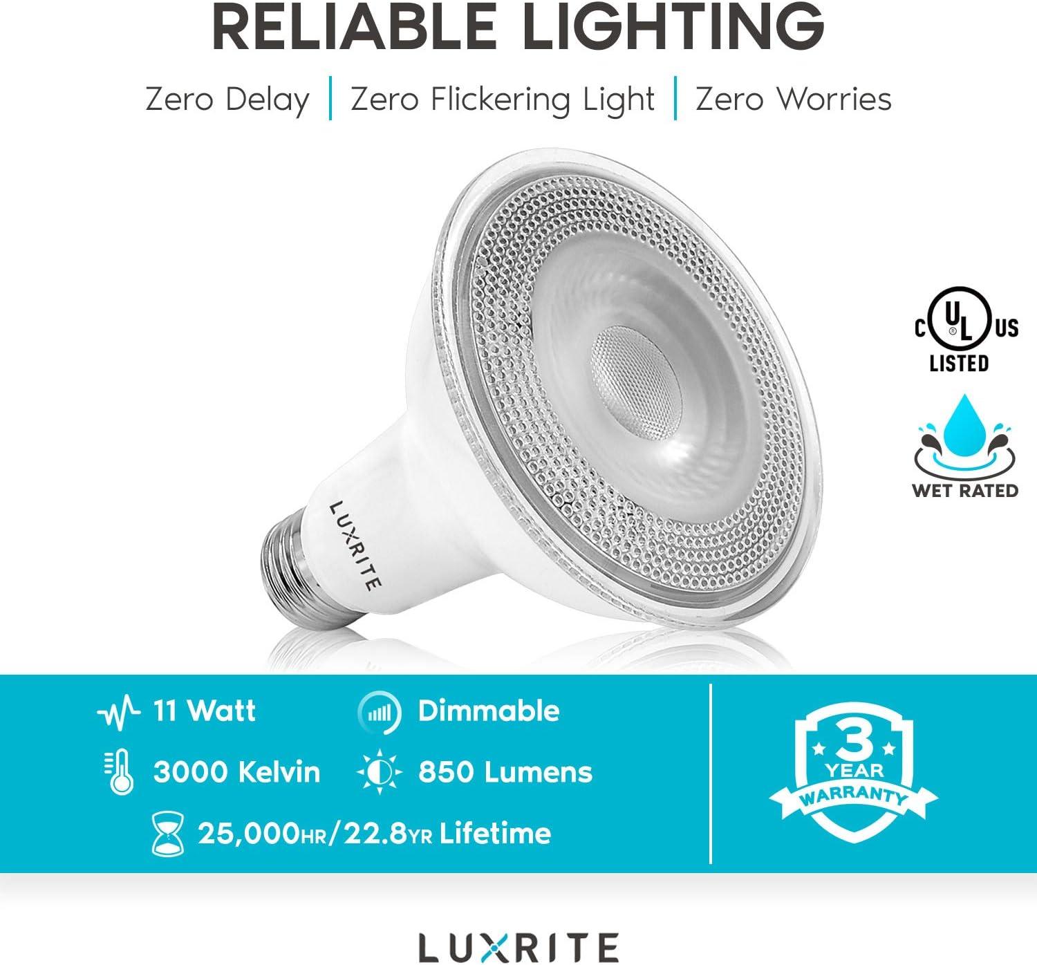 Luxrite 4-Pack LED PAR30 Flood Light Bulb 5000K Bright White 850 Lumens 11W Dimmable Wet Rated E26 Base UL Listed
