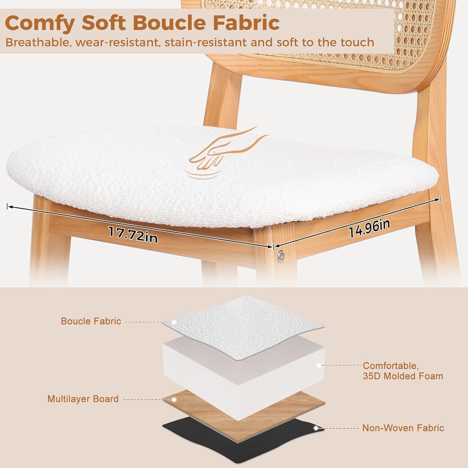 Lucky Monet 25.2" Upholstered Wood Counter Height Bar Stools w/ Rattan Back - 36.81"H x 17.72"W x 18.7"D Set of 3 - White Boucle Fabric/ Natural Frame