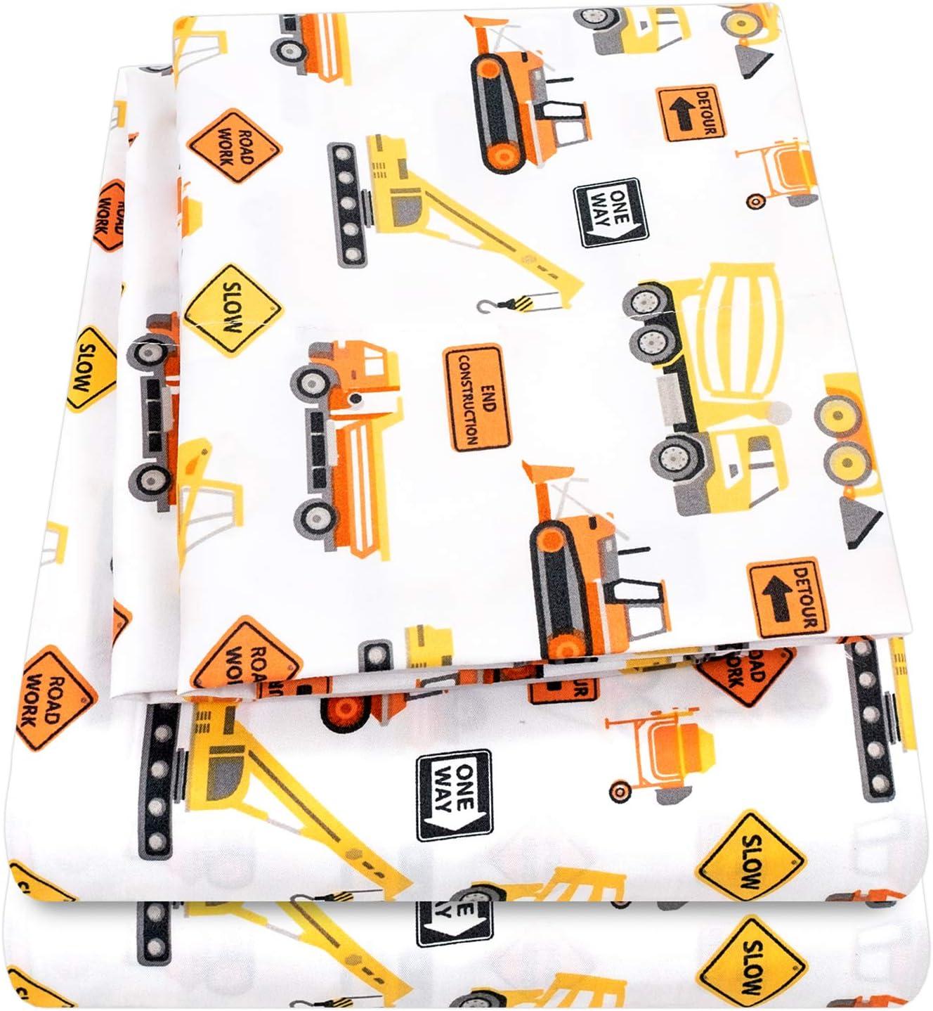 Construction Trucks White Microfiber Twin XL Kids Sheet Set