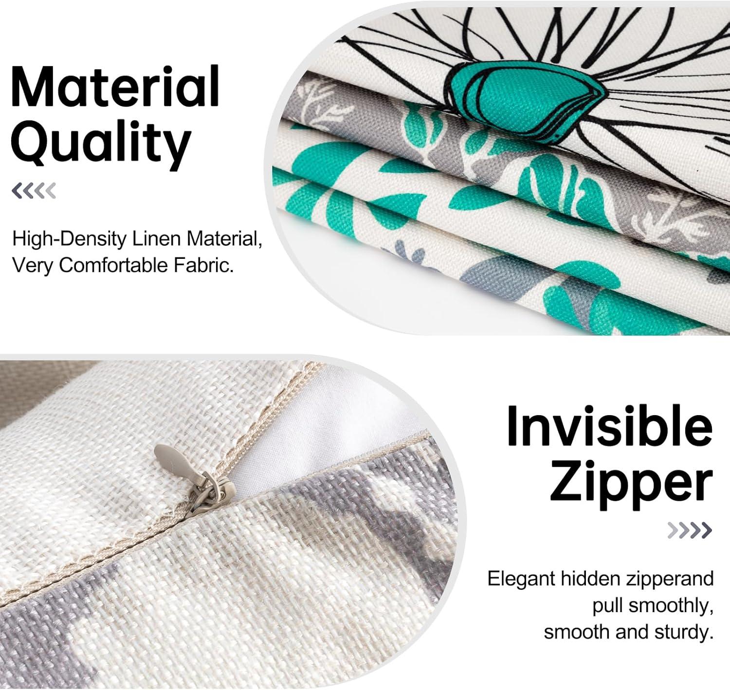 Husfou 4pcs Linen Pillow Covers 18x18 inch Turquoise and Grey Decorative Throw Pillow Case for Couch Modern Daisy Cushion Cover for Home Sofa Bedroom Decor