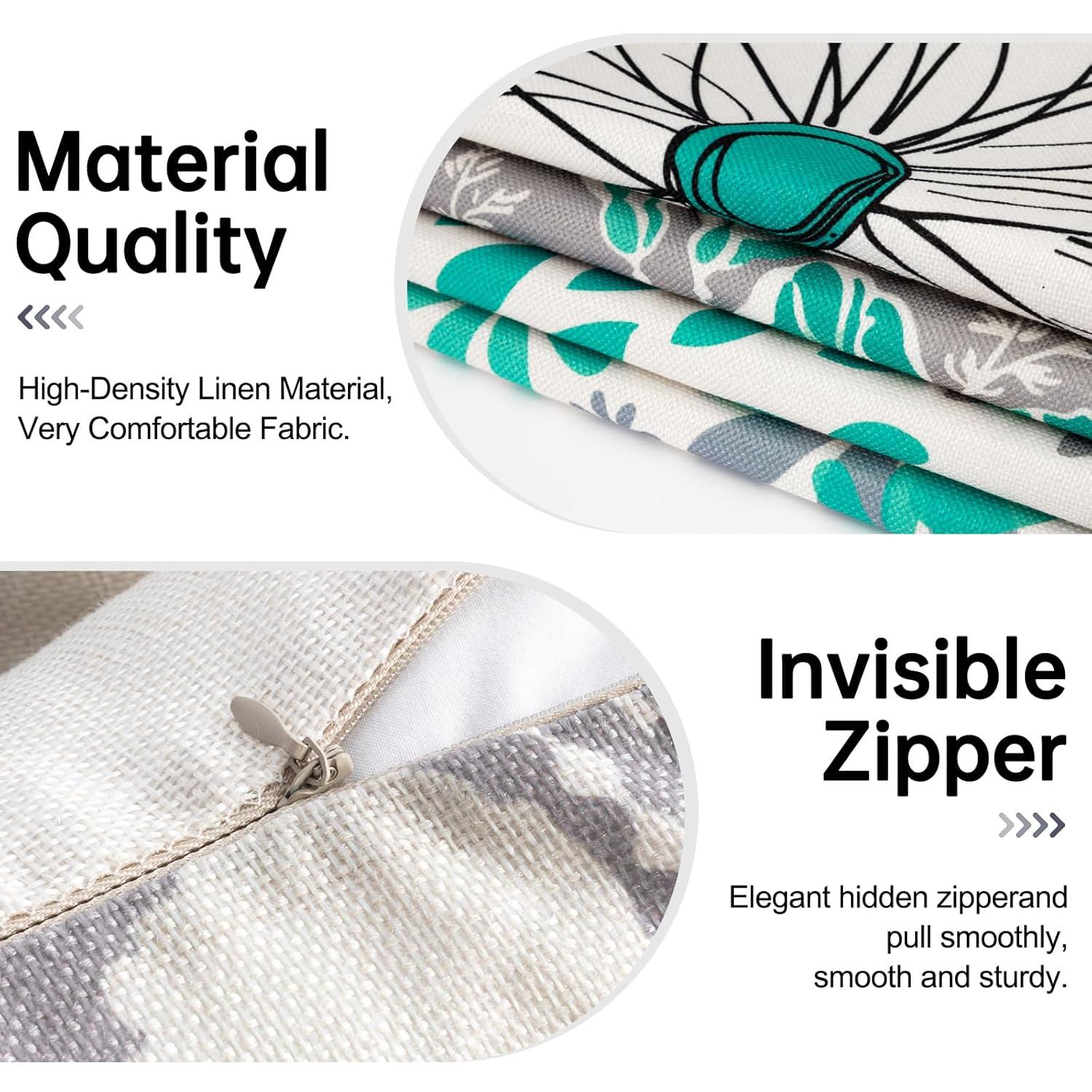 Husfou 4pcs Linen Pillow Covers 18x18 inch Turquoise and Grey Decorative Throw Pillow Case for Couch Modern Daisy Cushion Cover for Home Sofa Bedroom Decor