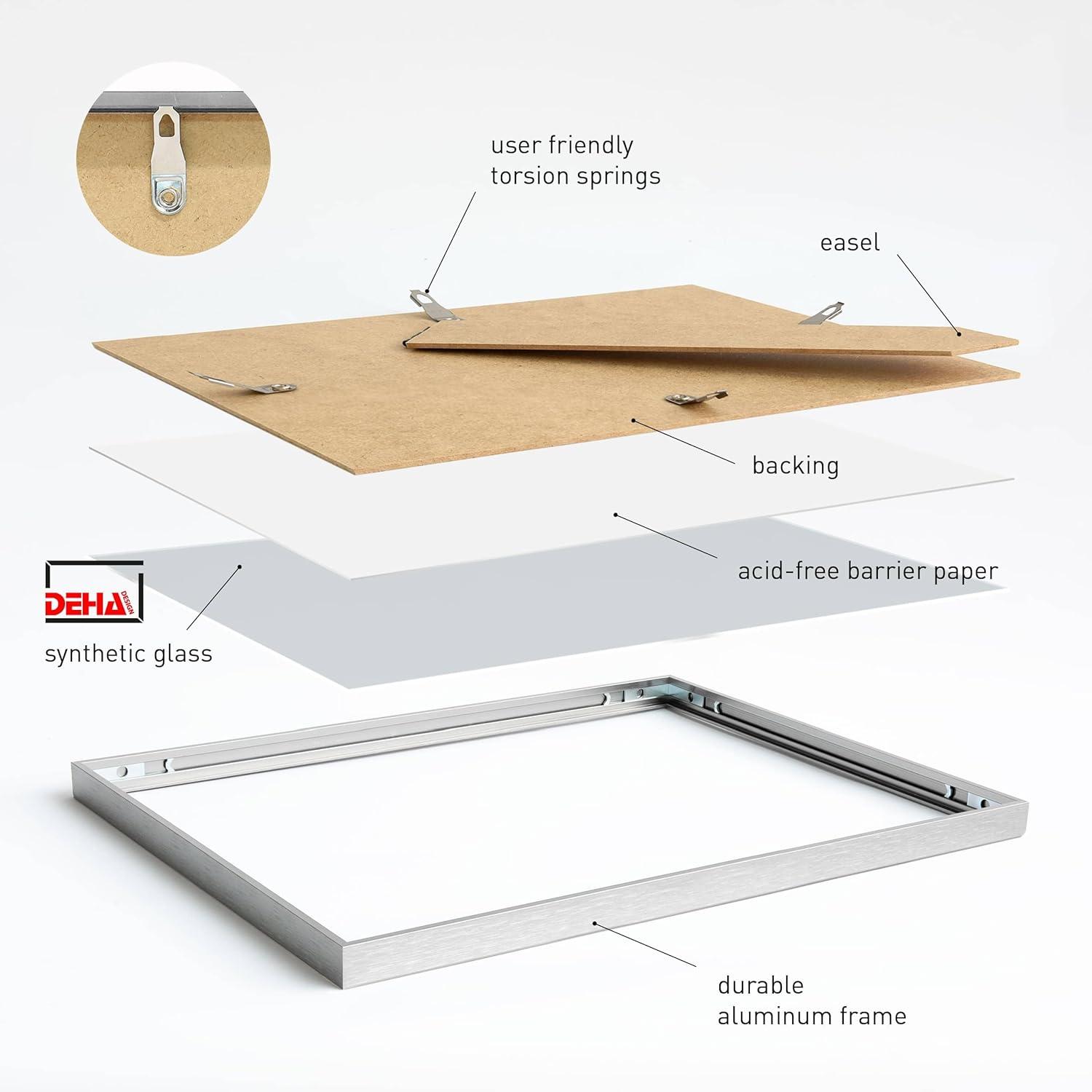 DEHA Design 18x24 Picture Frame Boston Frosted Silver Aluminum Metal with Shatter Resistant Acrylic Glass Horizontal & Vertical Format for Wall.
