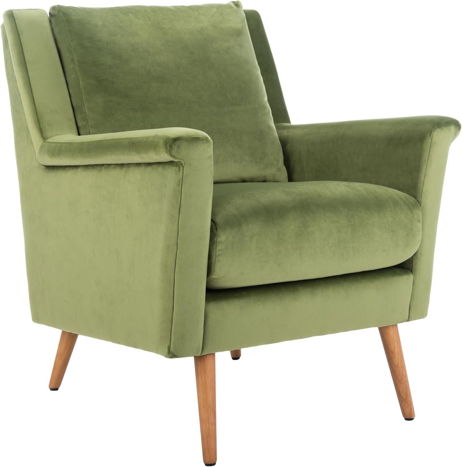 Olive Velvet and Natural Wood Mid-Century Arm Chair