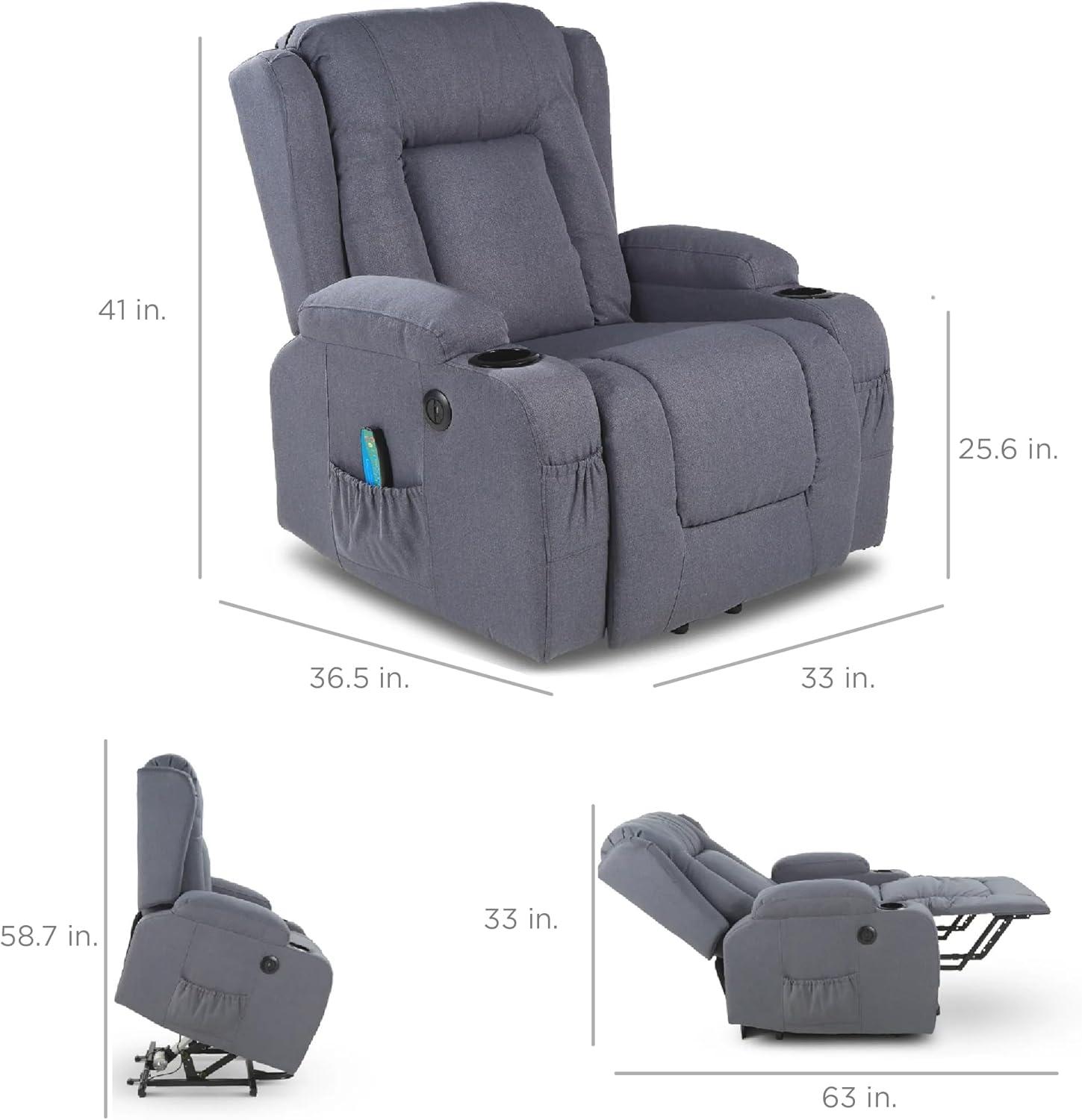 Hokku Designs Modern Linen Electric Power Lift Chair, Recliner Massage Chair, Adjustable Furniture for Back, USB Port, Heat, Cupholders | Wayfair