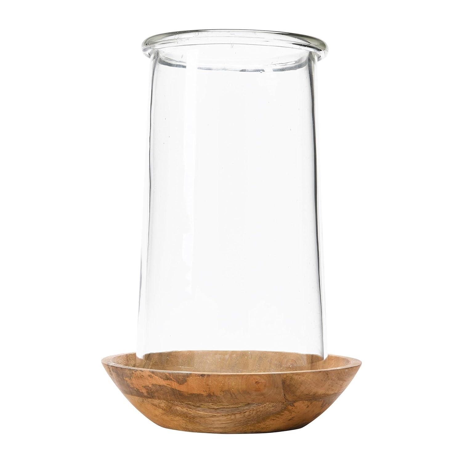 Creative Co-Op Glass Hurricane Vase with Wood Base, Clear and Natural