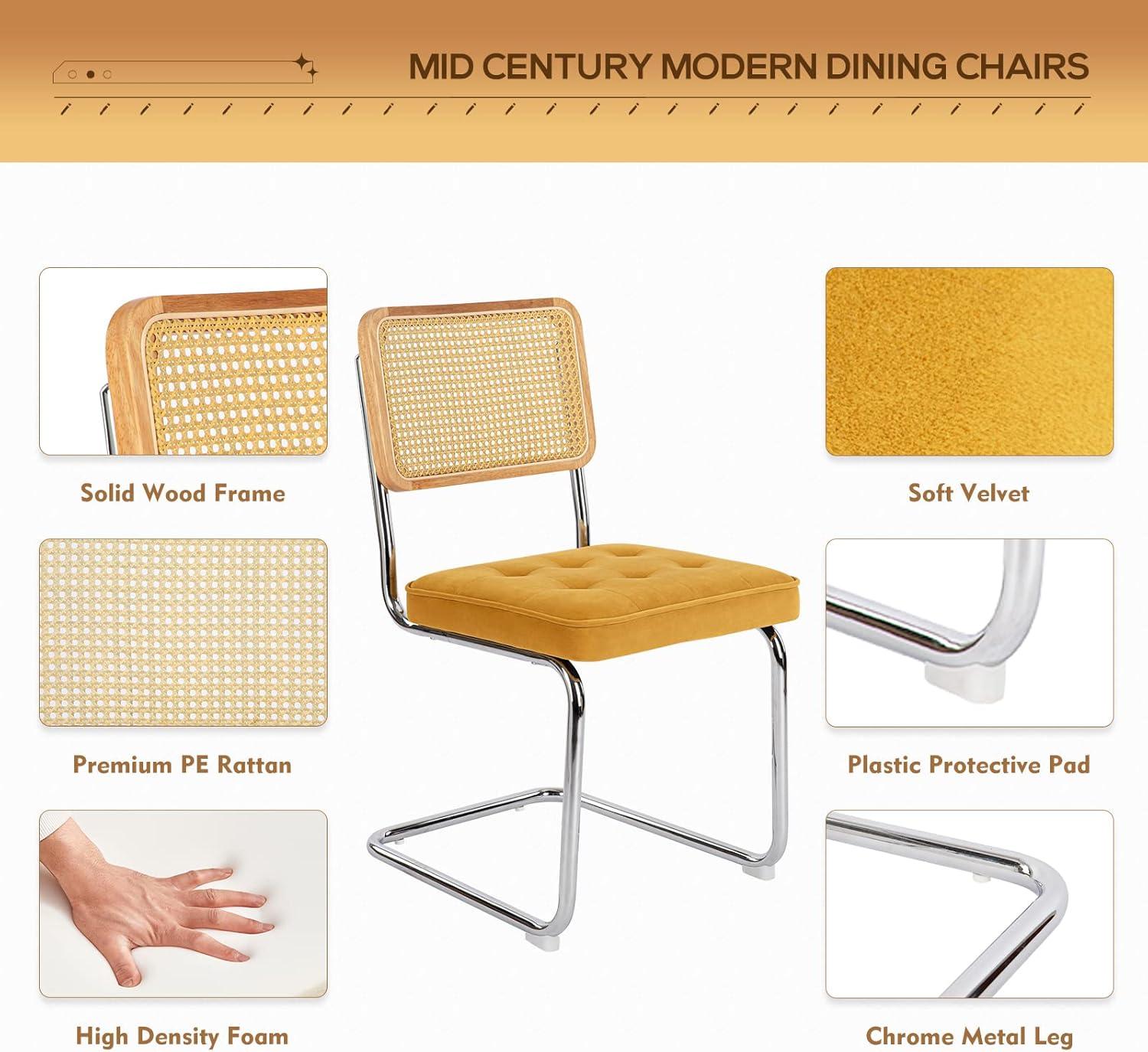 COLAMY Velvet Rattan Dining Chairs Set of 2, Mid Century Modern Dining Room Kitchen Side Chairs with Metal Chrome Legs and Upholstered Seat for Home, Living Room, Bedroom - Yellow