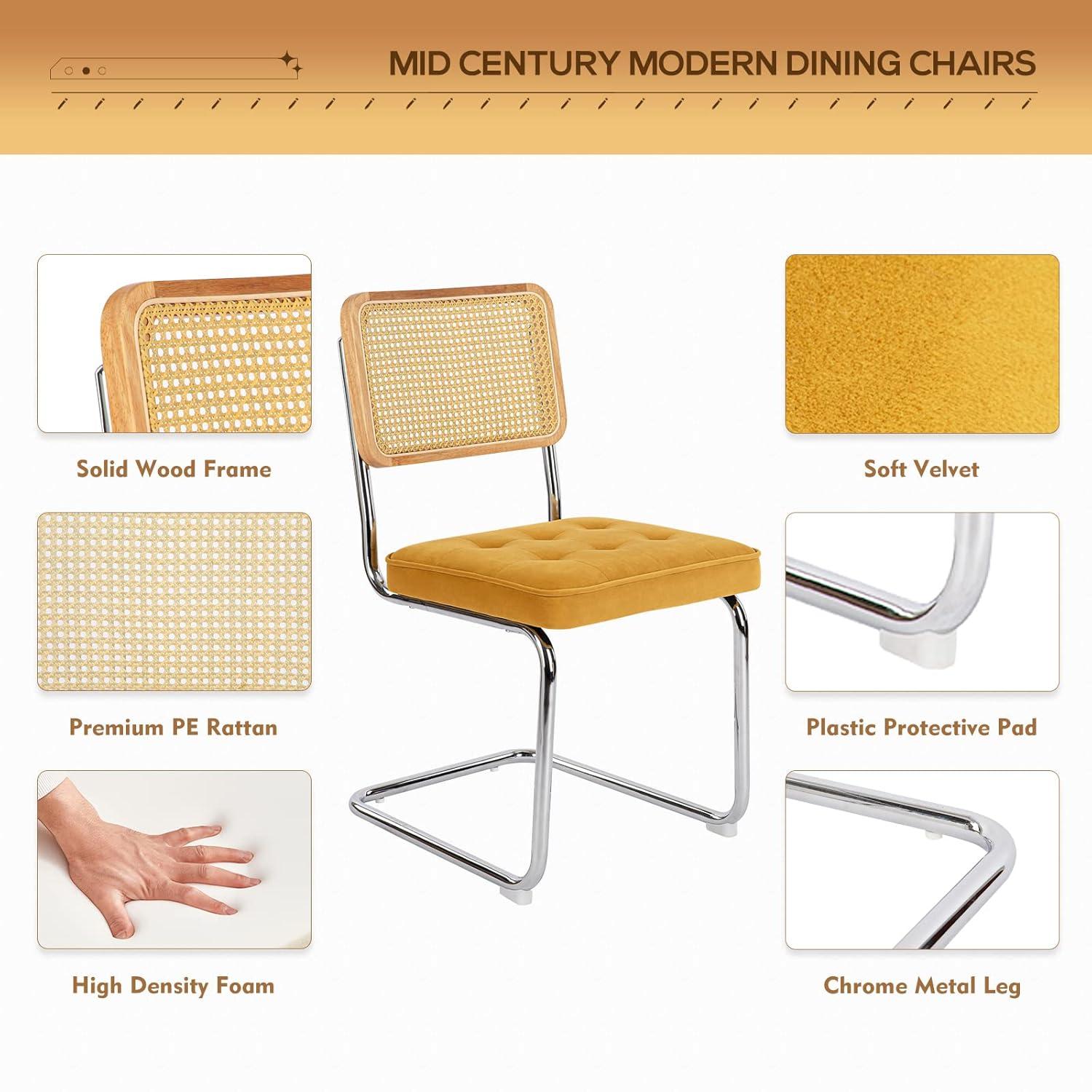 COLAMY Velvet Rattan Dining Chairs Set of 2, Mid Century Modern Dining Room Kitchen Side Chairs with Metal Chrome Legs and Upholstered Seat for Home, Living Room, Bedroom - Yellow