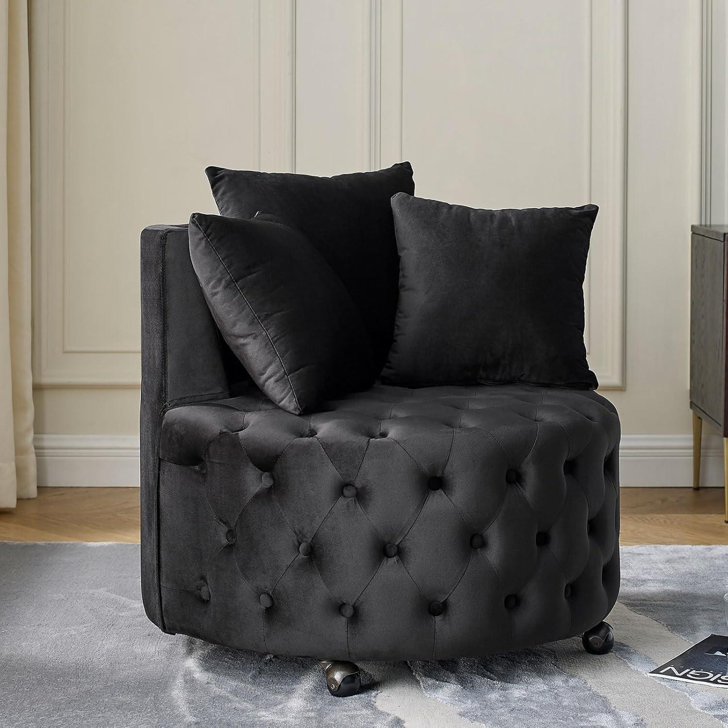 Swivel Barrel Accent Chair, 30in Modern Velvet Round Sofa Chair with 3 Pillows and Wheels, Comfy Tufted Club Lounge Chair for Living Room, Bedroom(Beige)