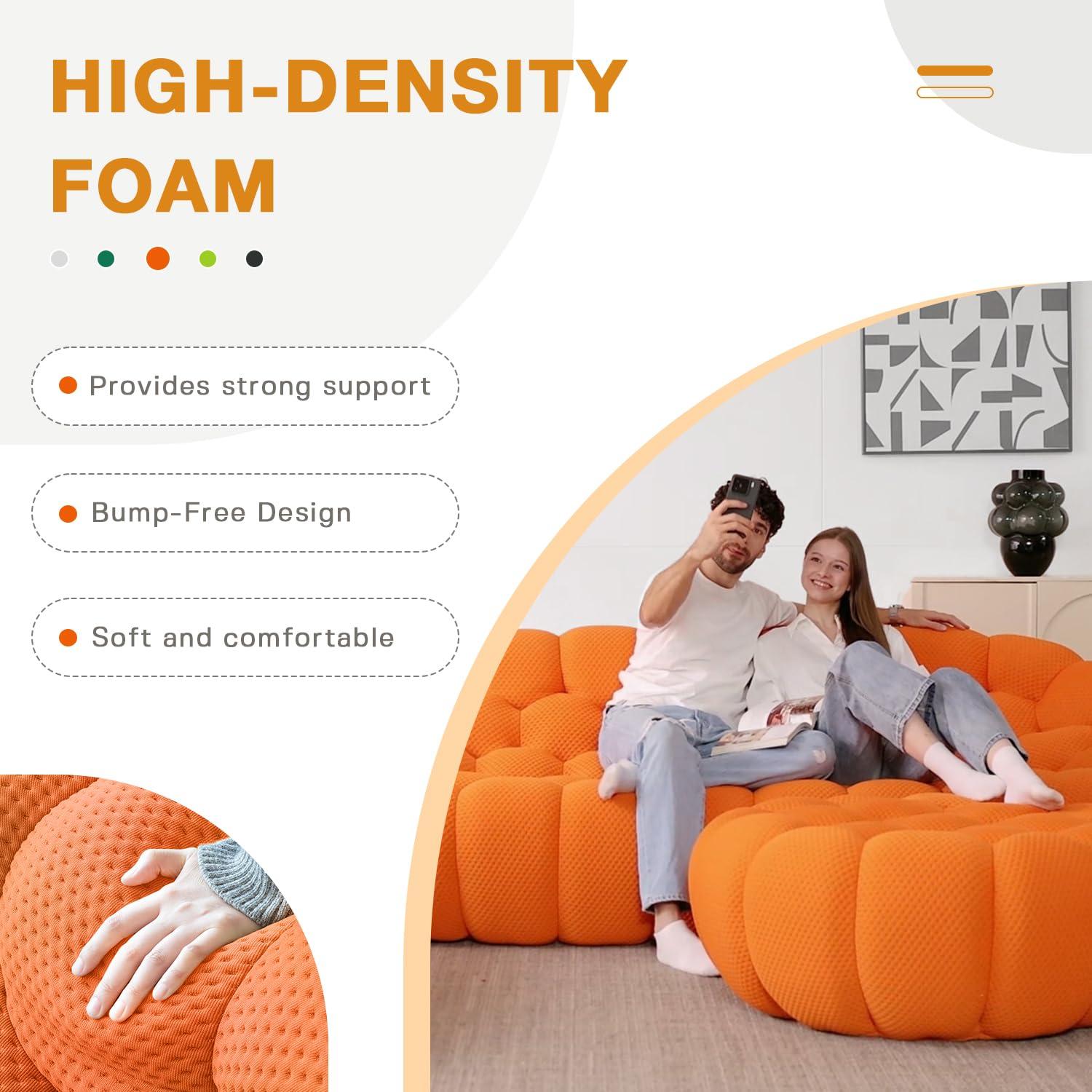 Bubble Couch, 98.43'' Modern 3-Seater Lazy Floor Couch, Memory Foam Bubble Round Sofa 3D Honeycomb Shape Curved Sofas for Living Room, Office, Apartment (Orange)