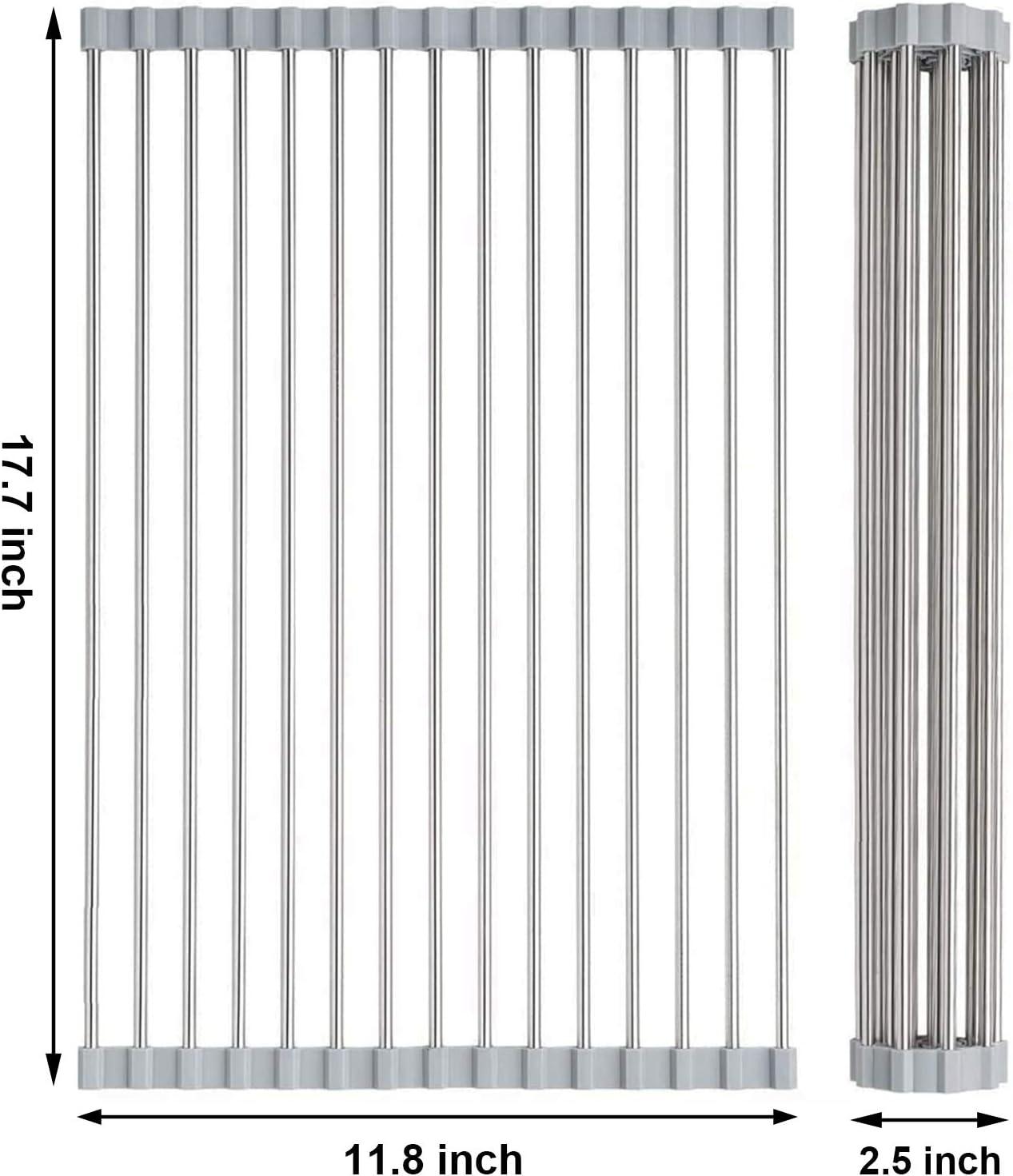 Over The Sink Dish Drying Rack, Searik Roll up Sink Dish Drainer Rack Multipurpose Foldable Kitchen Stainless Steel Dish Rack Sink Drying Rack (17.7” x 11.8”)