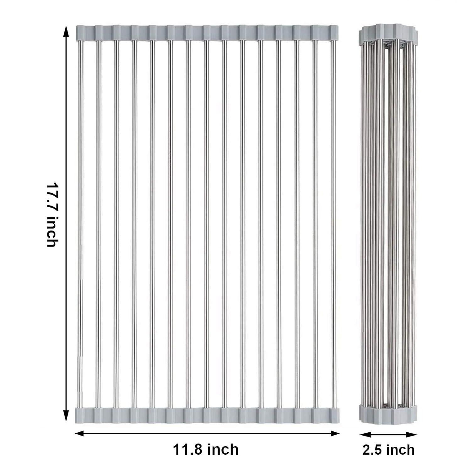 Over The Sink Dish Drying Rack, Searik Roll up Sink Dish Drainer Rack Multipurpose Foldable Kitchen Stainless Steel Dish Rack Sink Drying Rack (17.7” x 11.8”)