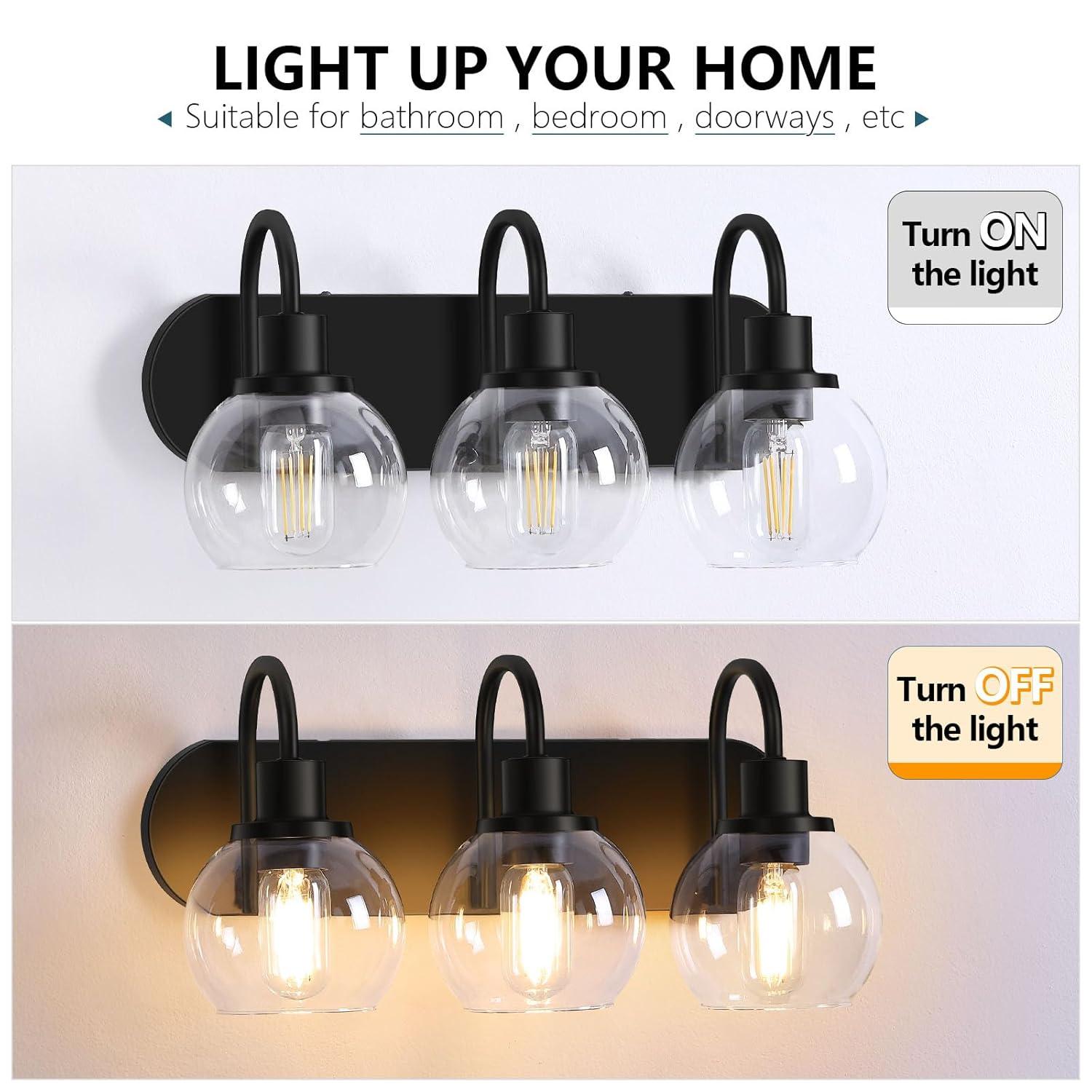 Modern 2-Light Vanity Light, Bathroom Lighting Fixture Over Mirror With Clear Glass Shade and Metal Base, Matte Black Wall Mounted for Bathroom