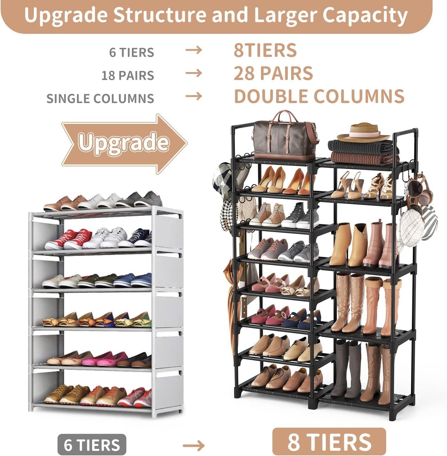 Black 8-Tier Metal Shoe Rack with Hooks