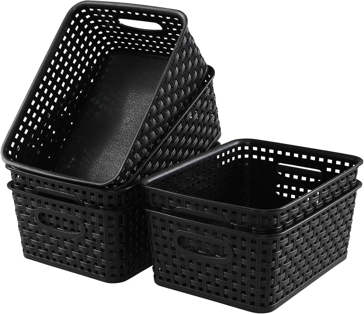 Black Rectangular Plastic Woven Storage Baskets, Set of 6