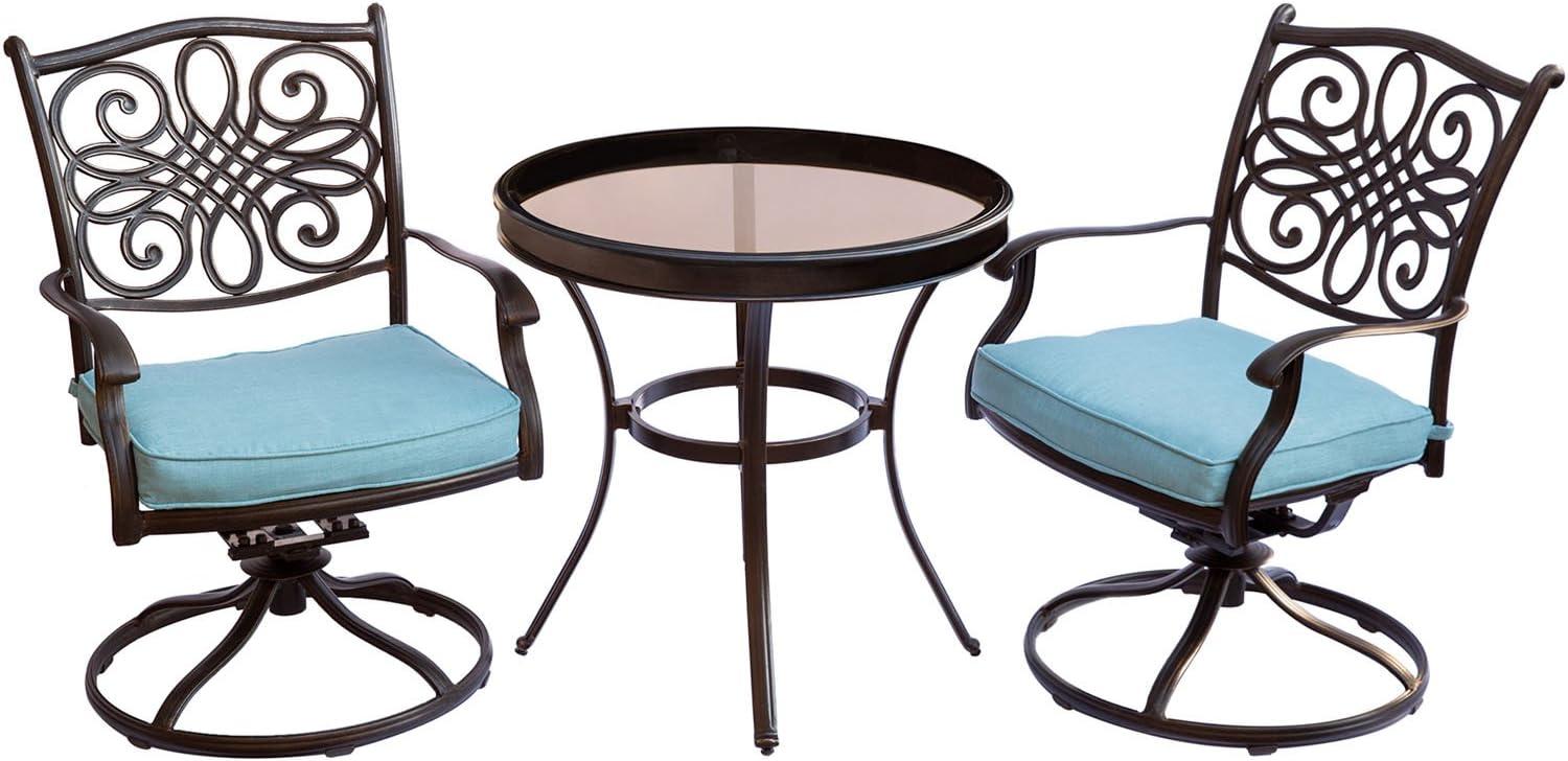 Elegant Traditions 3-Piece Cast Aluminum Swivel Bistro Set with Blue Cushions