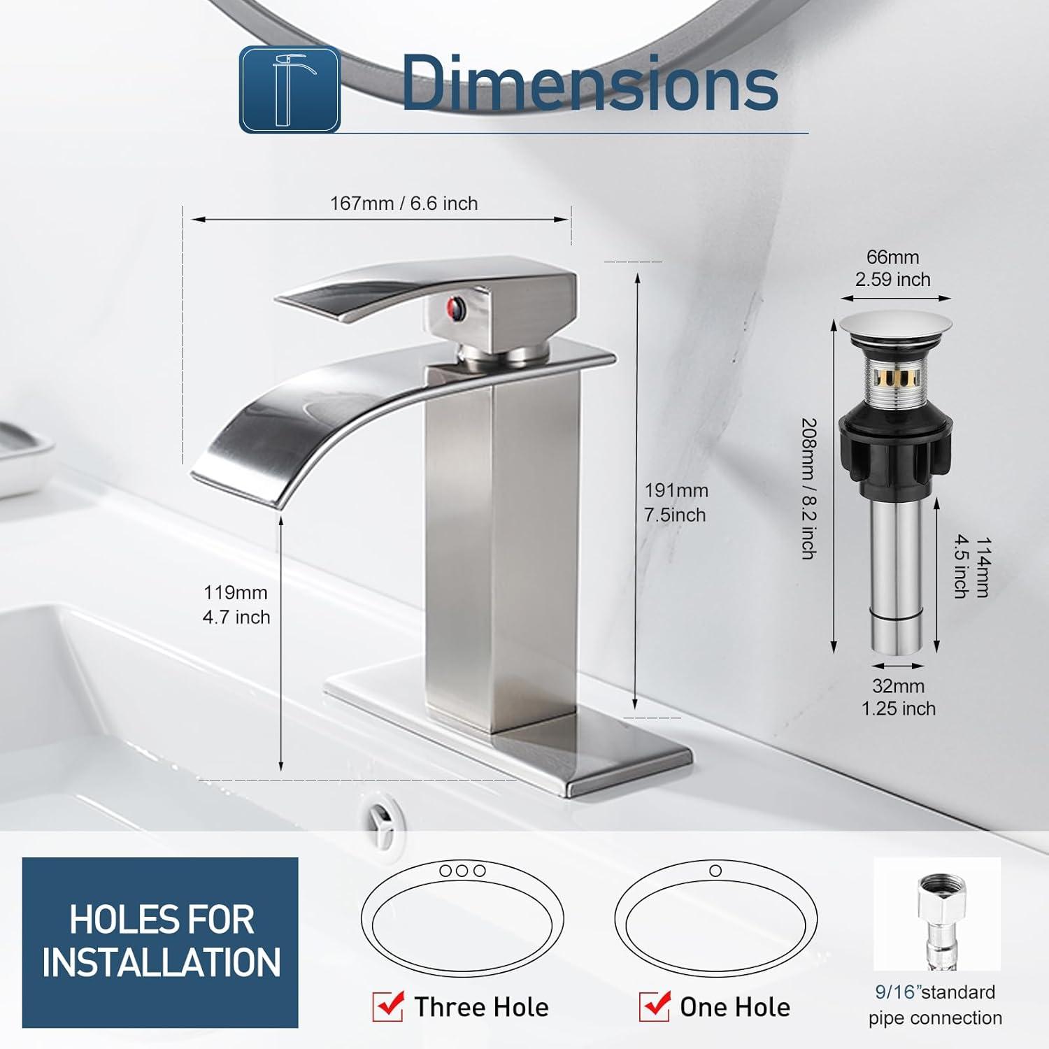 Waterfall Single Handle Bathroom Vanity Sink Faucet with Metal Pop-up Drain, Brushed Nickel Finish