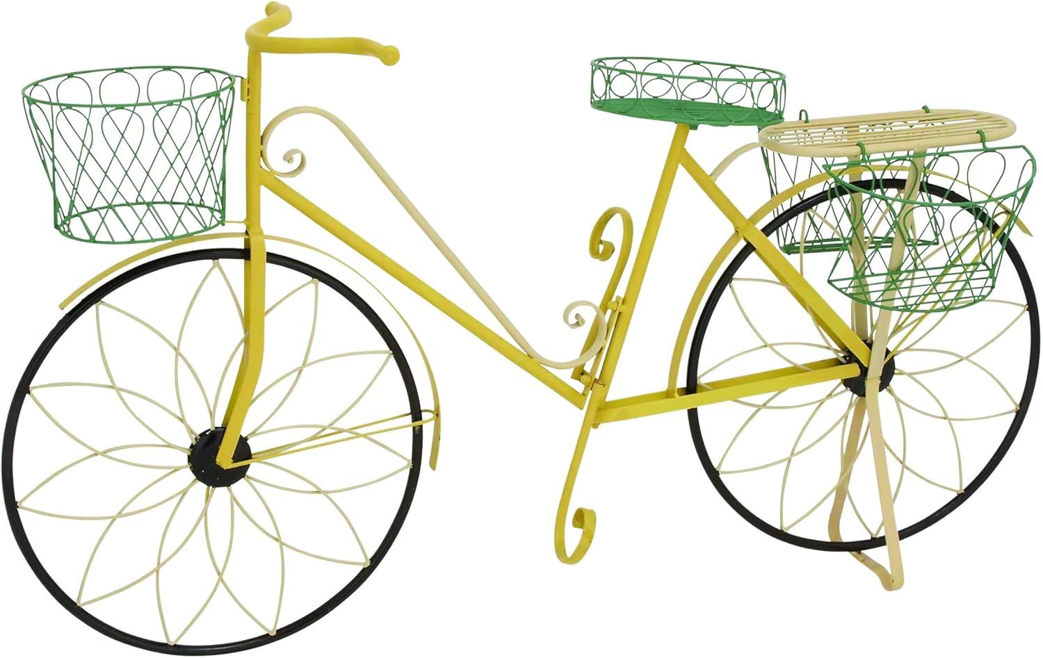 32" Traditional Iron Novelty Bicycle Plant Stand Yellow - Olivia & May: Metal Planter Pedestal, Weather-Resistant