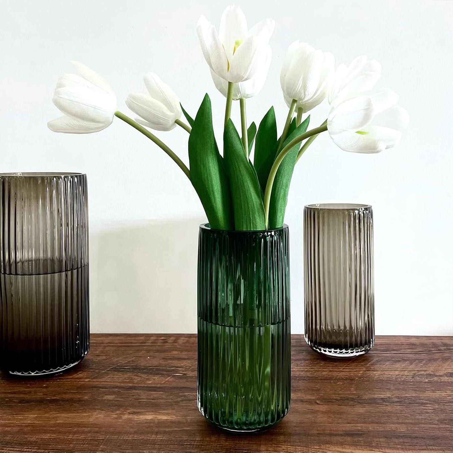 Hand Blown Ribbed Green Glass Decorative Vase