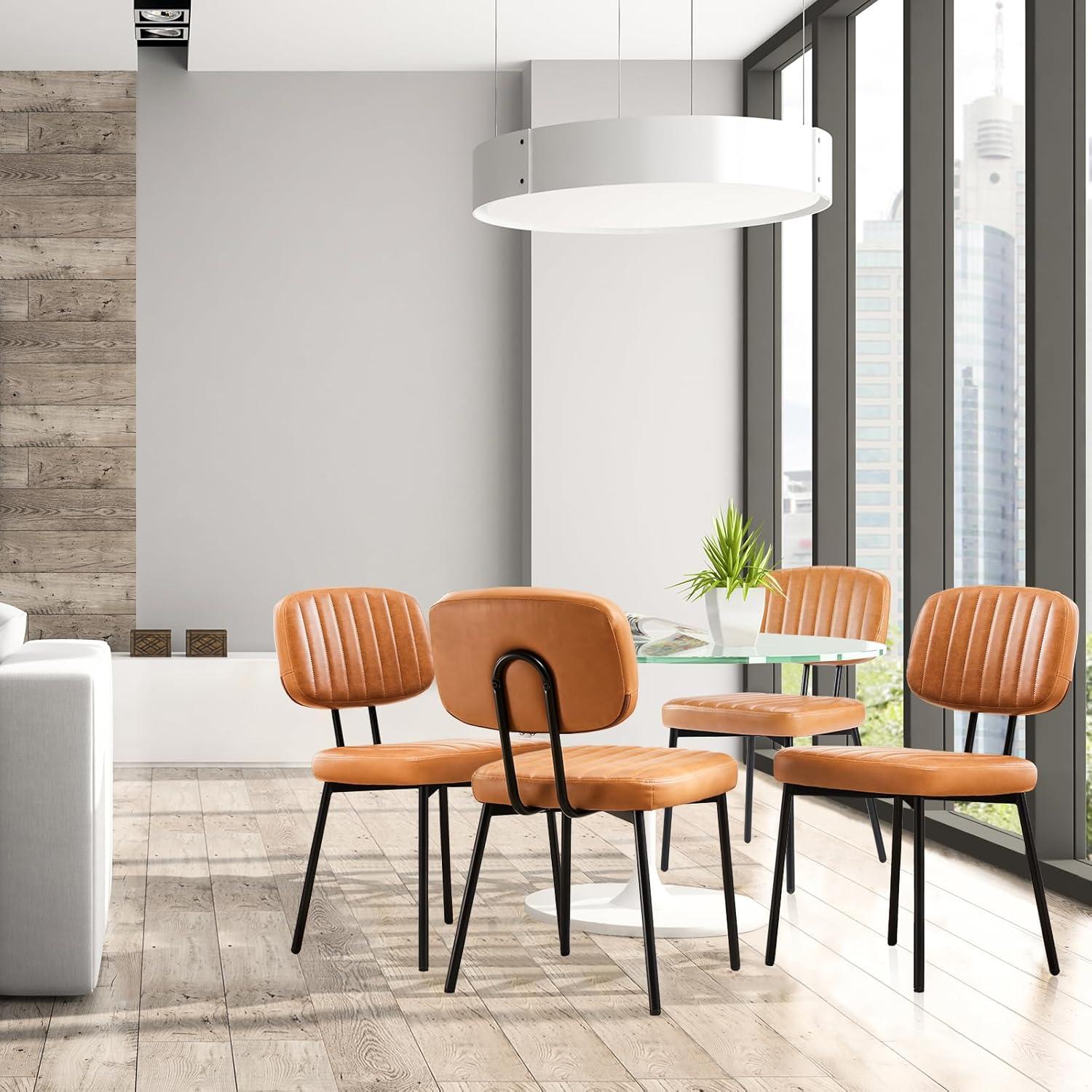 Mid-Century Modern Brown Faux Leather Upholstered Dining Chairs with Metal Legs, Set of 2