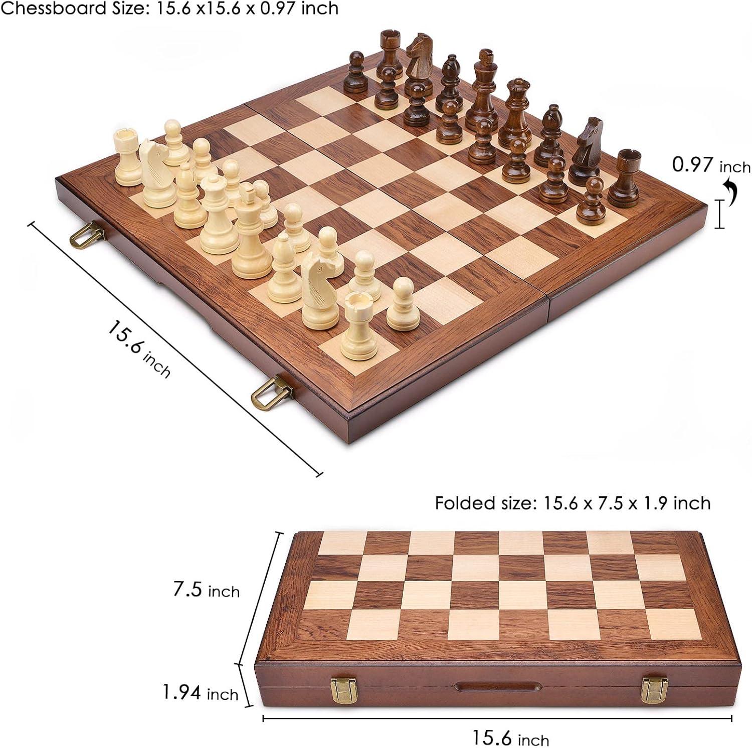 KiddiTouch 15 inch Magnetic Wooden Chess Set 2 in 1 Folding Chess Board Travel Chess Games for Adults and Kids