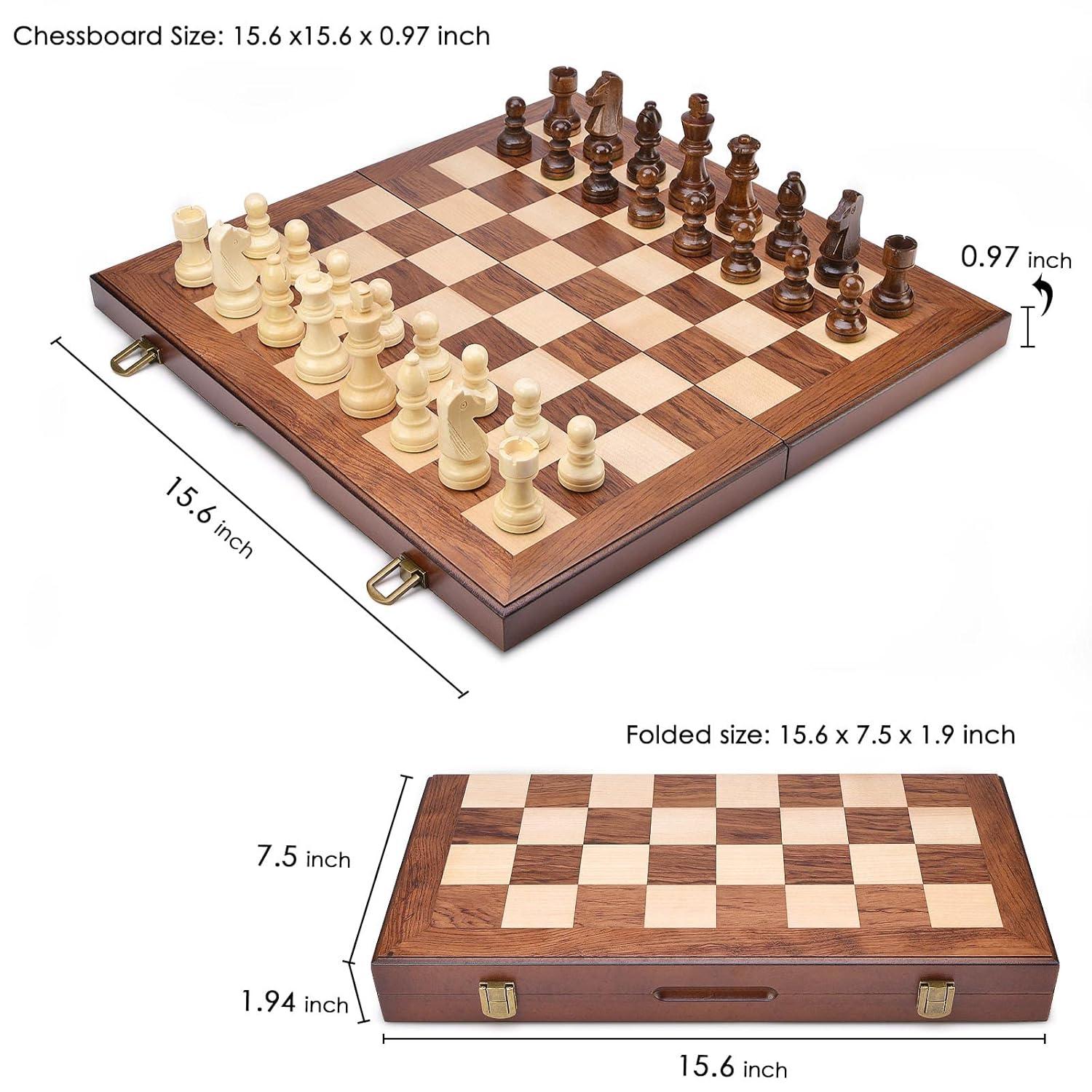 KiddiTouch 15 inch Magnetic Wooden Chess Set 2 in 1 Folding Chess Board Travel Chess Games for Adults and Kids