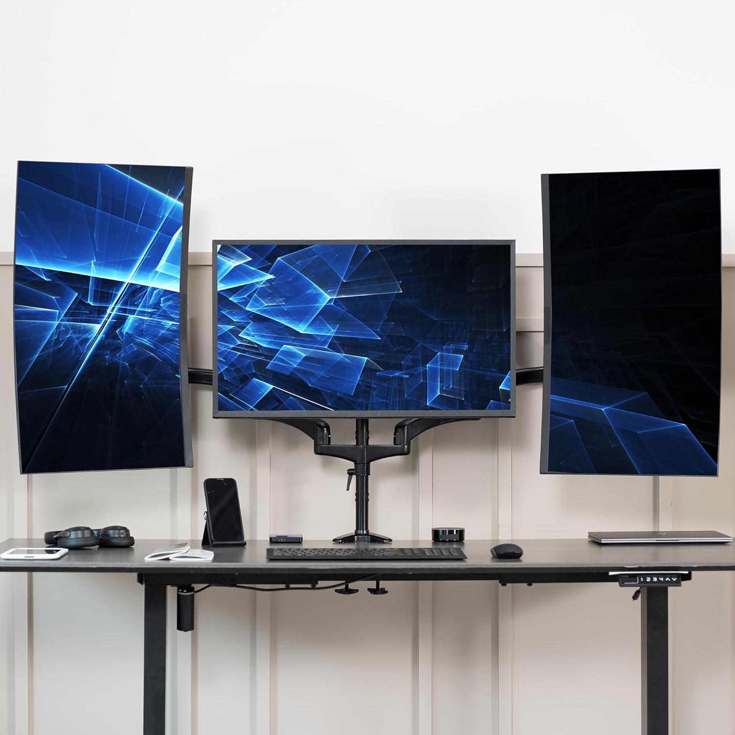 VIVO Black Triple Monitor Mount, 2 Pneumatic Arms + 1 Fixed, 3 Screens up to 32"