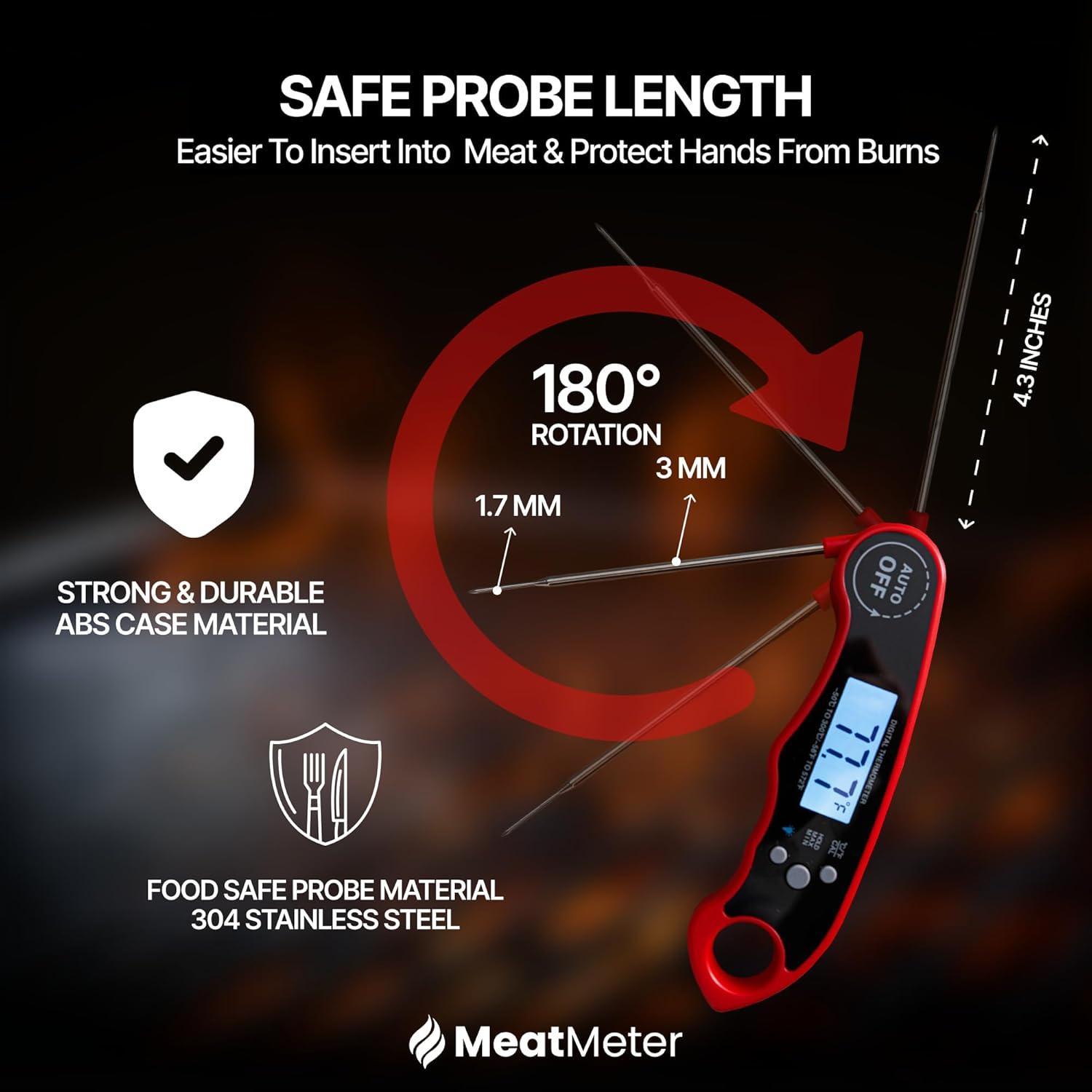 Digital Meat Thermometer for Grill/Cooking Fast Instant Read Waterproof Magnetic Probe Thermometer w/Backlight and Display for Kitchen, BBQ, Frying, etc. Chicken, Steak,or Burgers, Red