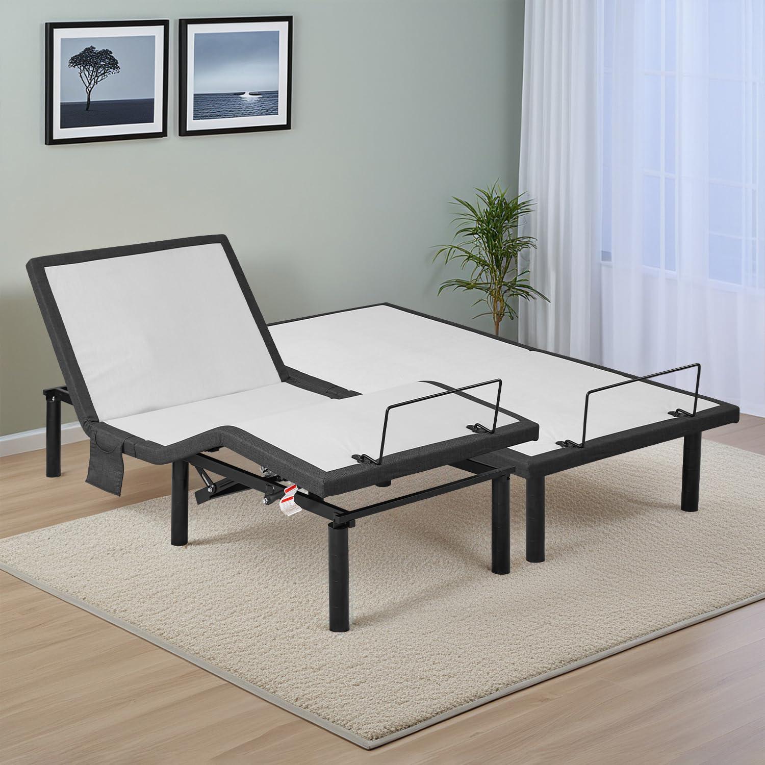 King Size Adjustable Black Metal Bed Frame with Drawer