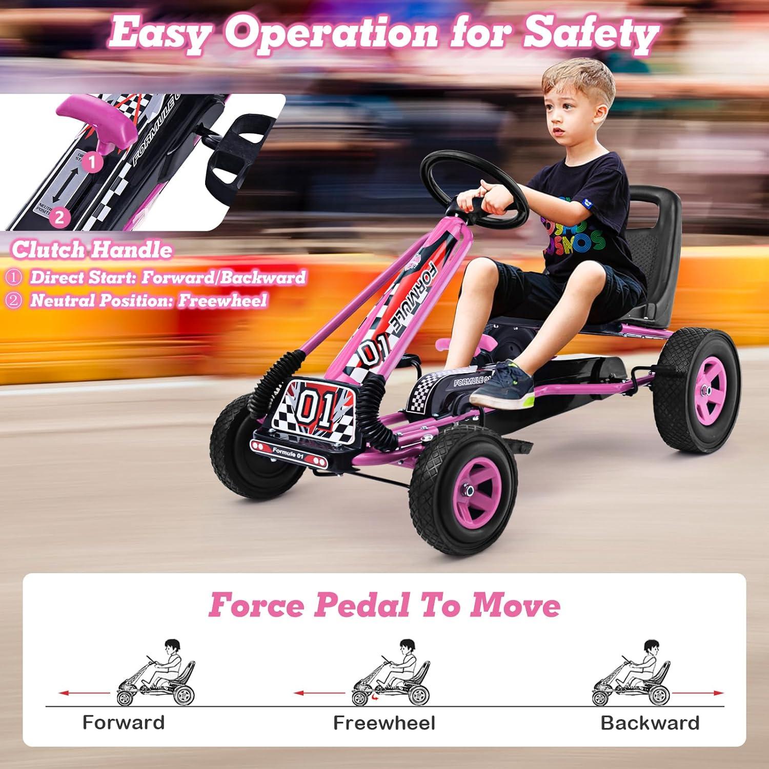 Costway Go Kart 4 Wheel Pedal Powered Kids Ride On Toy with Adjustable Seat Pink