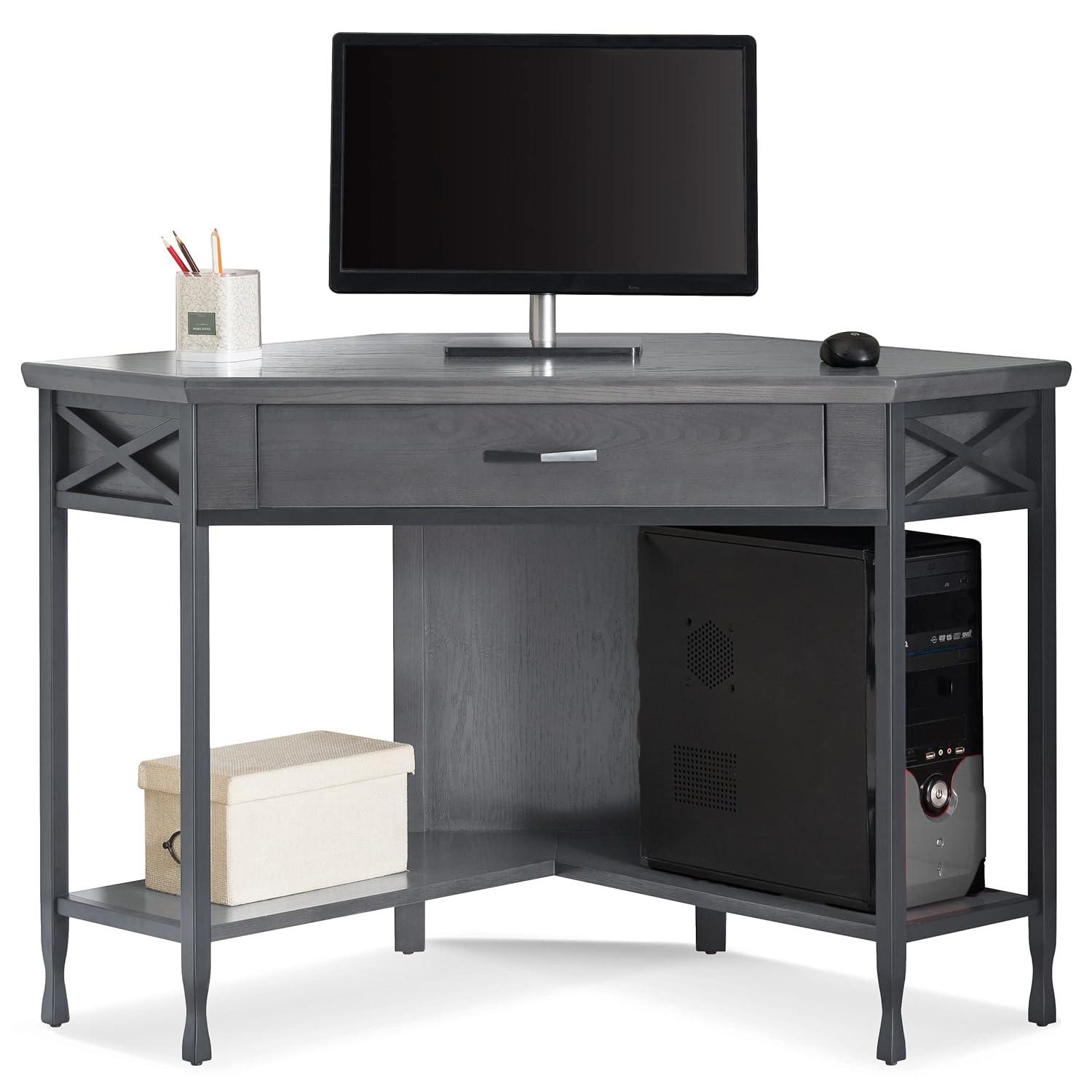 Leick Home 23430 Chisel & Forge Corner Computer Writing Desk with Drop Front Keyboard Drawer, Smoke Gray and Matte Black
