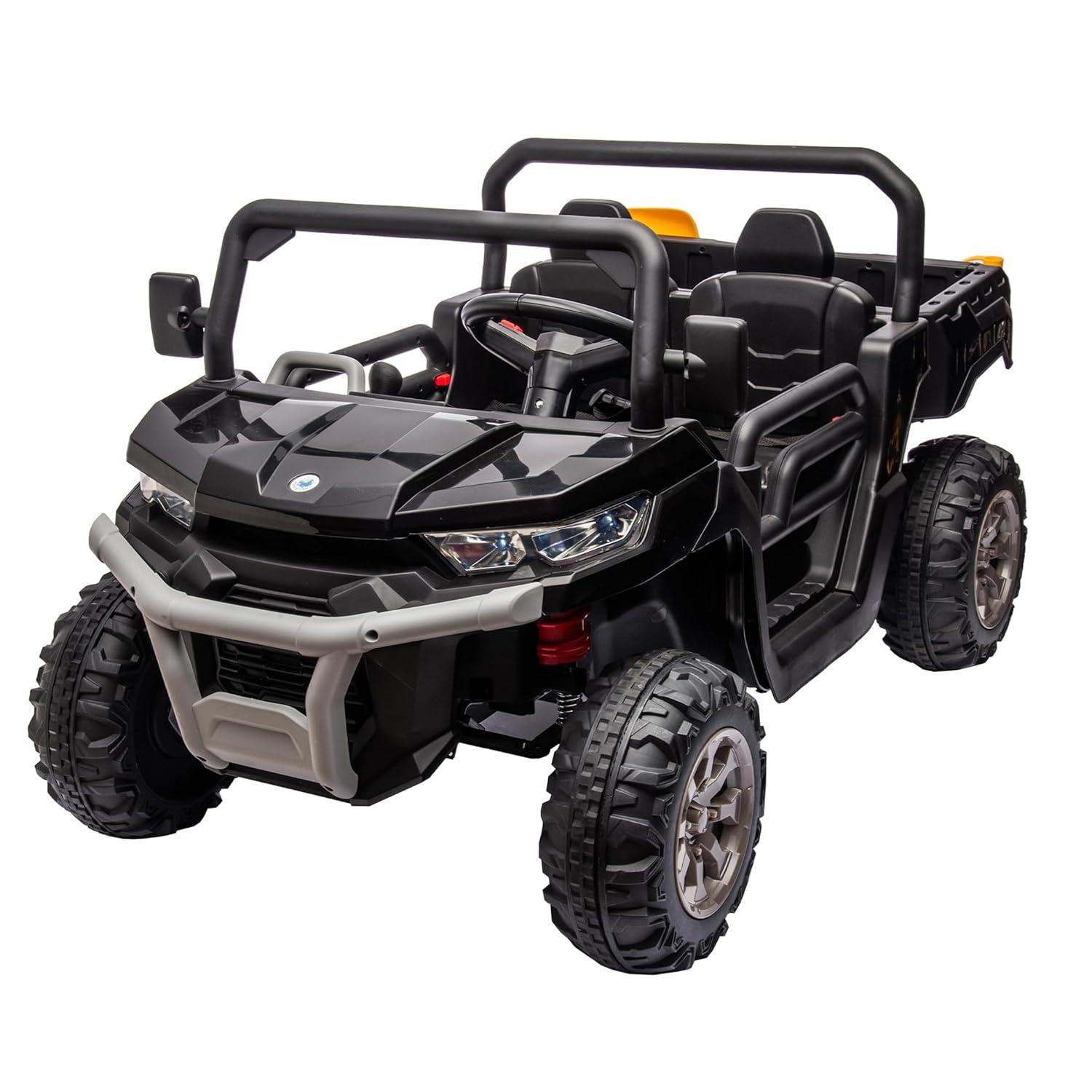 Funride 4WD 24 Volt Ride on Toys with Remote Control, 2 Seater Power Car Wheels UTV Toys, Ride on Truck Car w/ Electric Dump Bed, Shovel, Bluetooth Music